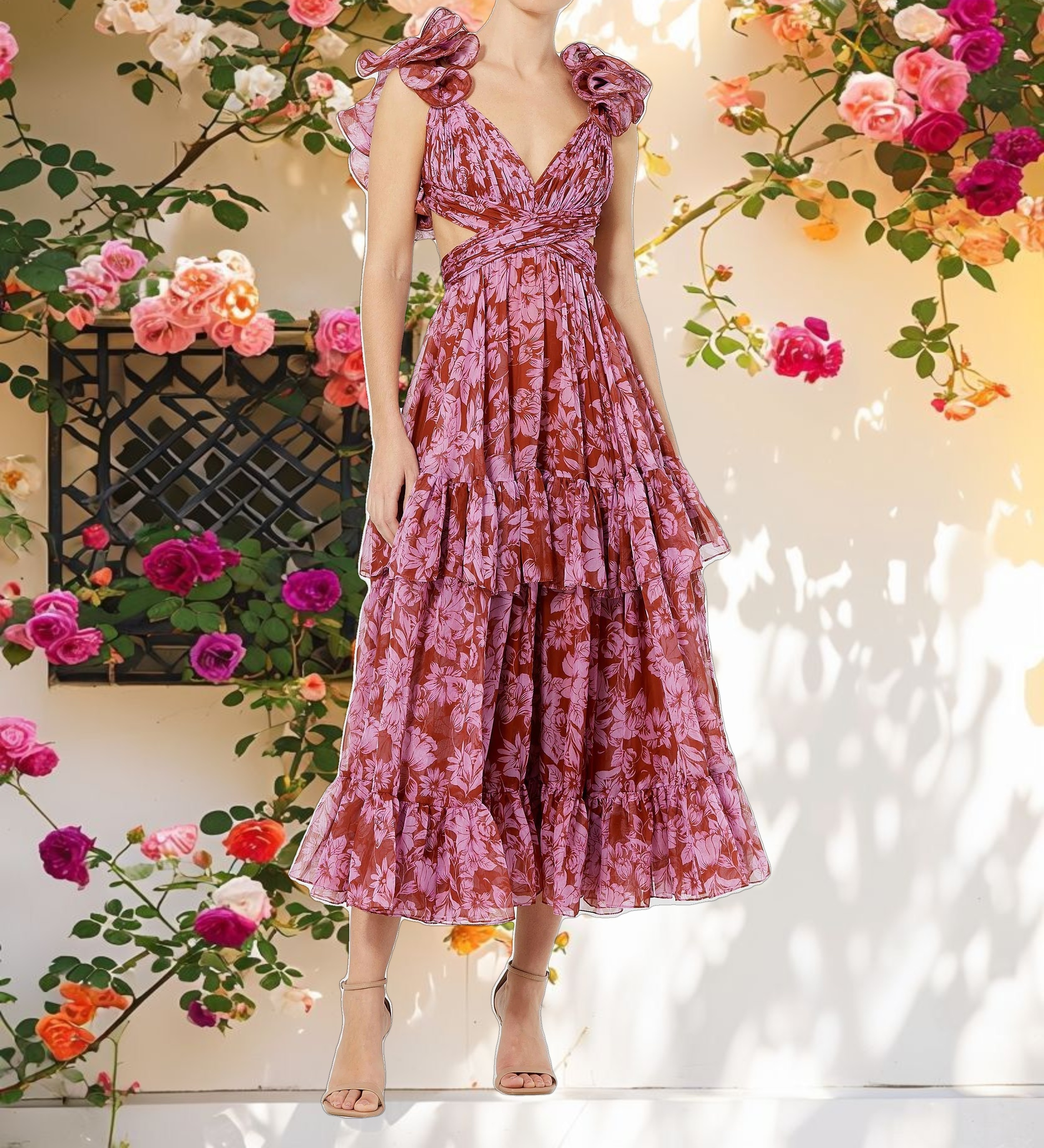 Floral-Printed Chiffon Ruffled Tiered Midi Dress