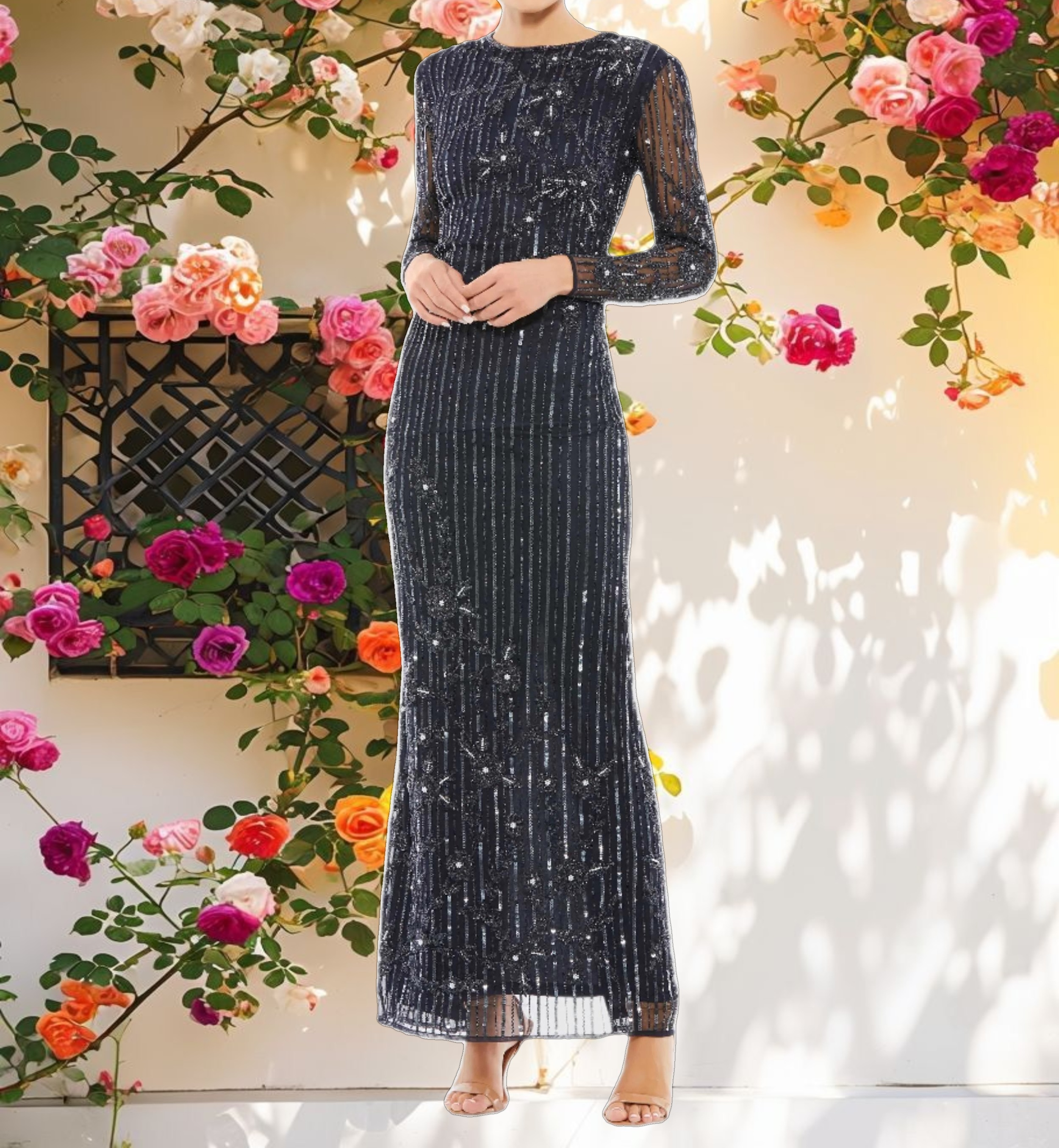 Blue Decorated High Neck Illusion Long Sleeve Dress