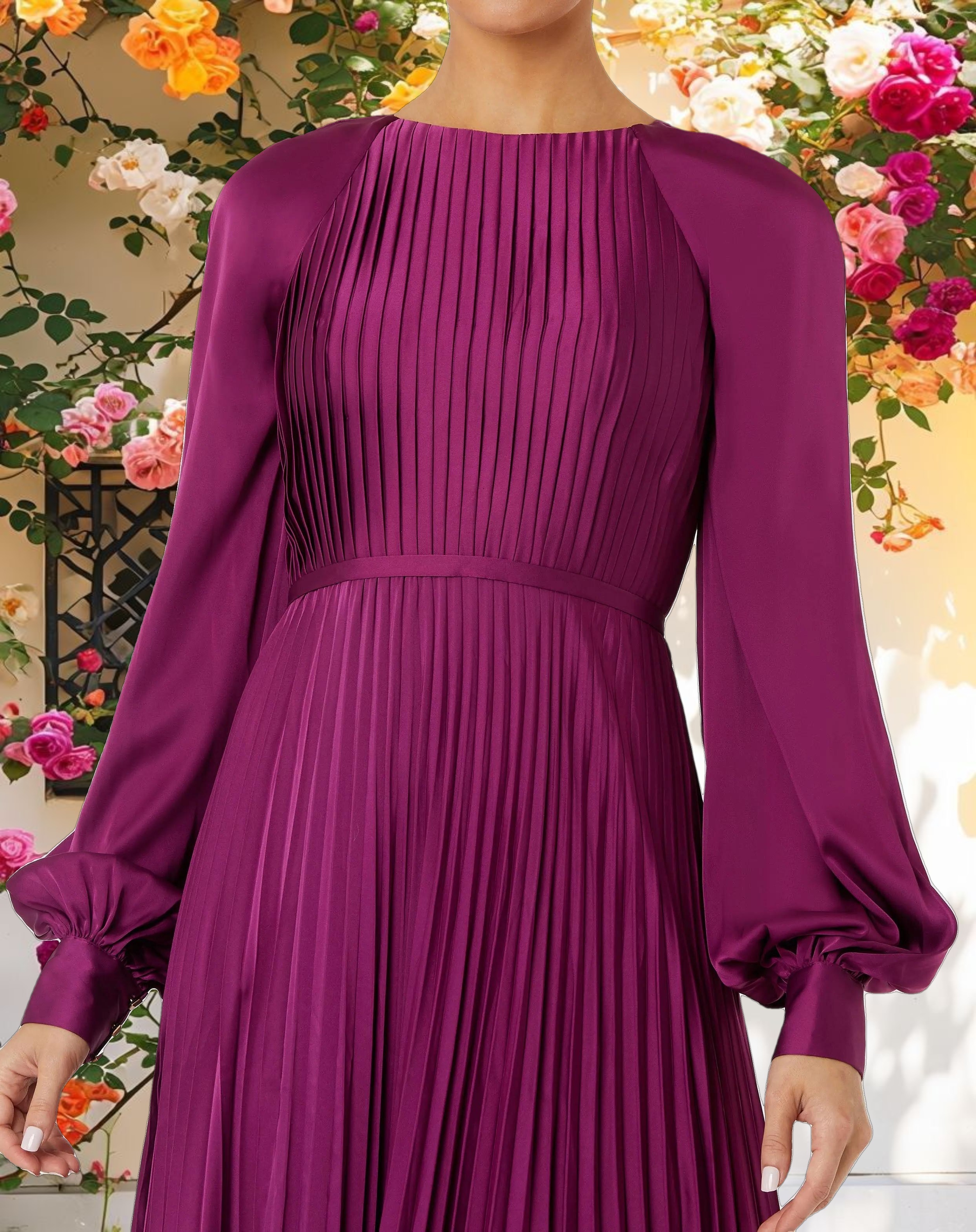 Purple Pleated High Neck Raglan Long Sleeve Side Slit Gown