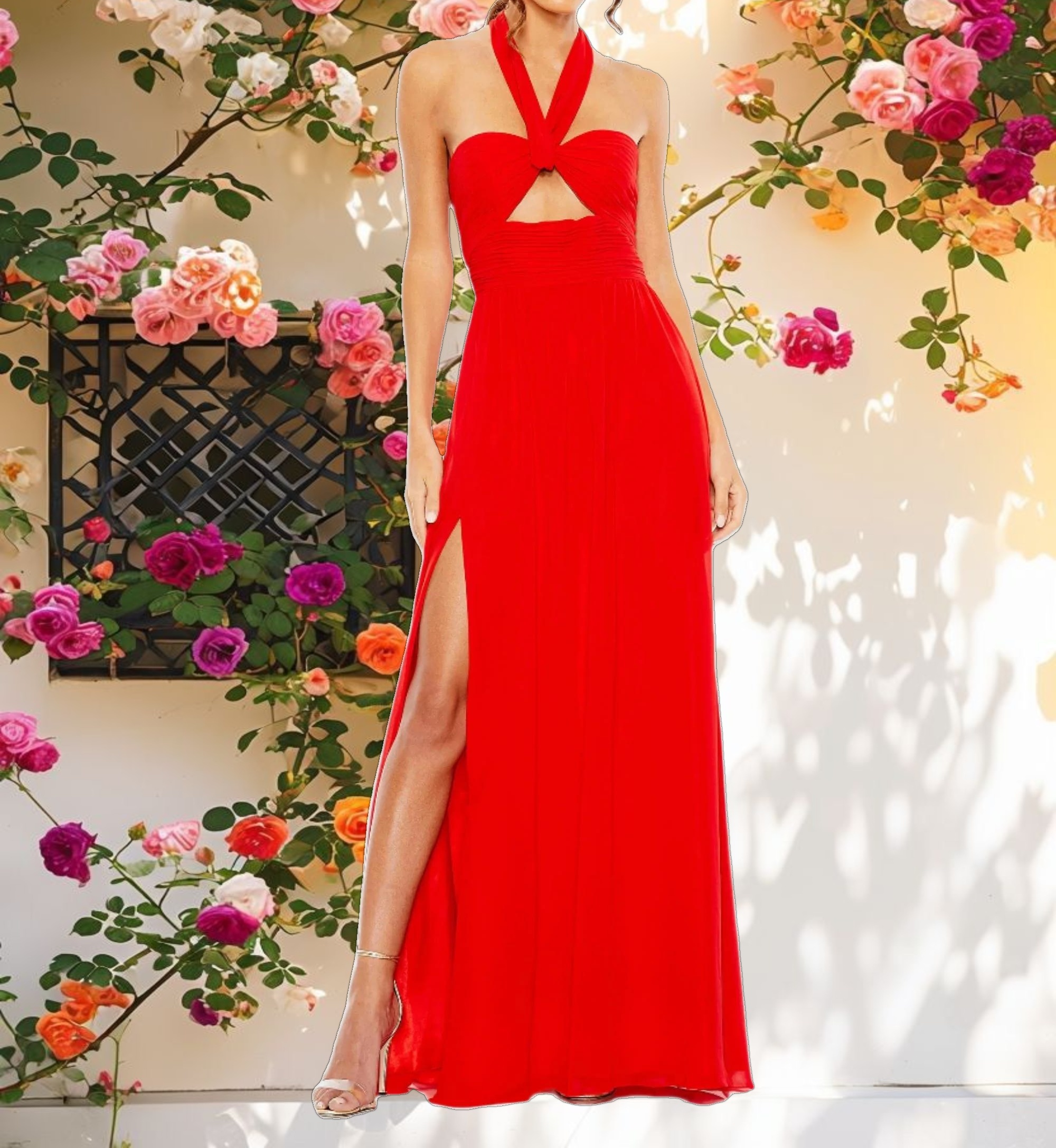 Red Ruched Halter Strap Keyhole Chiffon Gown