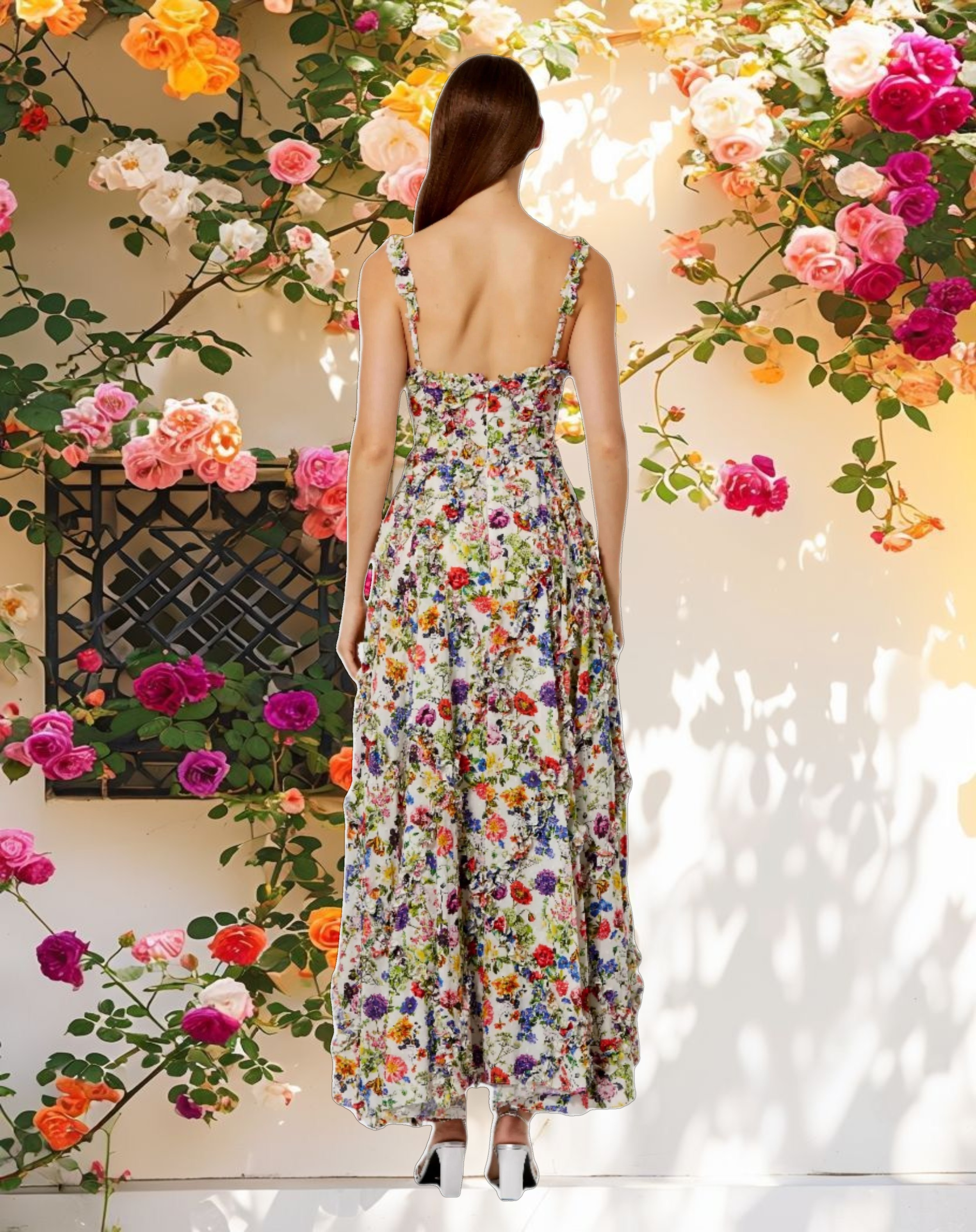 Multicolored Ruffle V-Neck Floral Dress