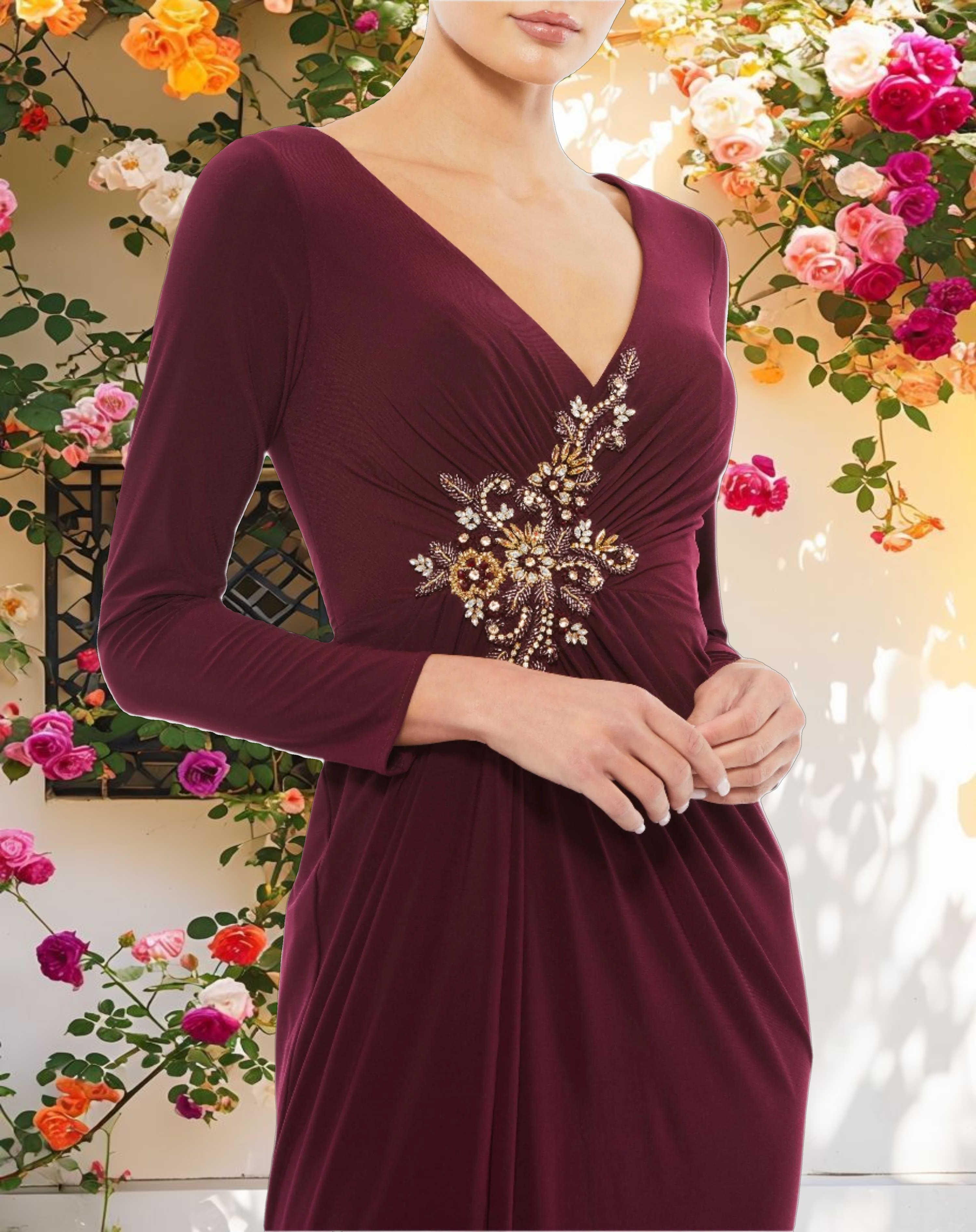 Red Faux Wrap Long Sleeve Gown w/ Appliqué Detail