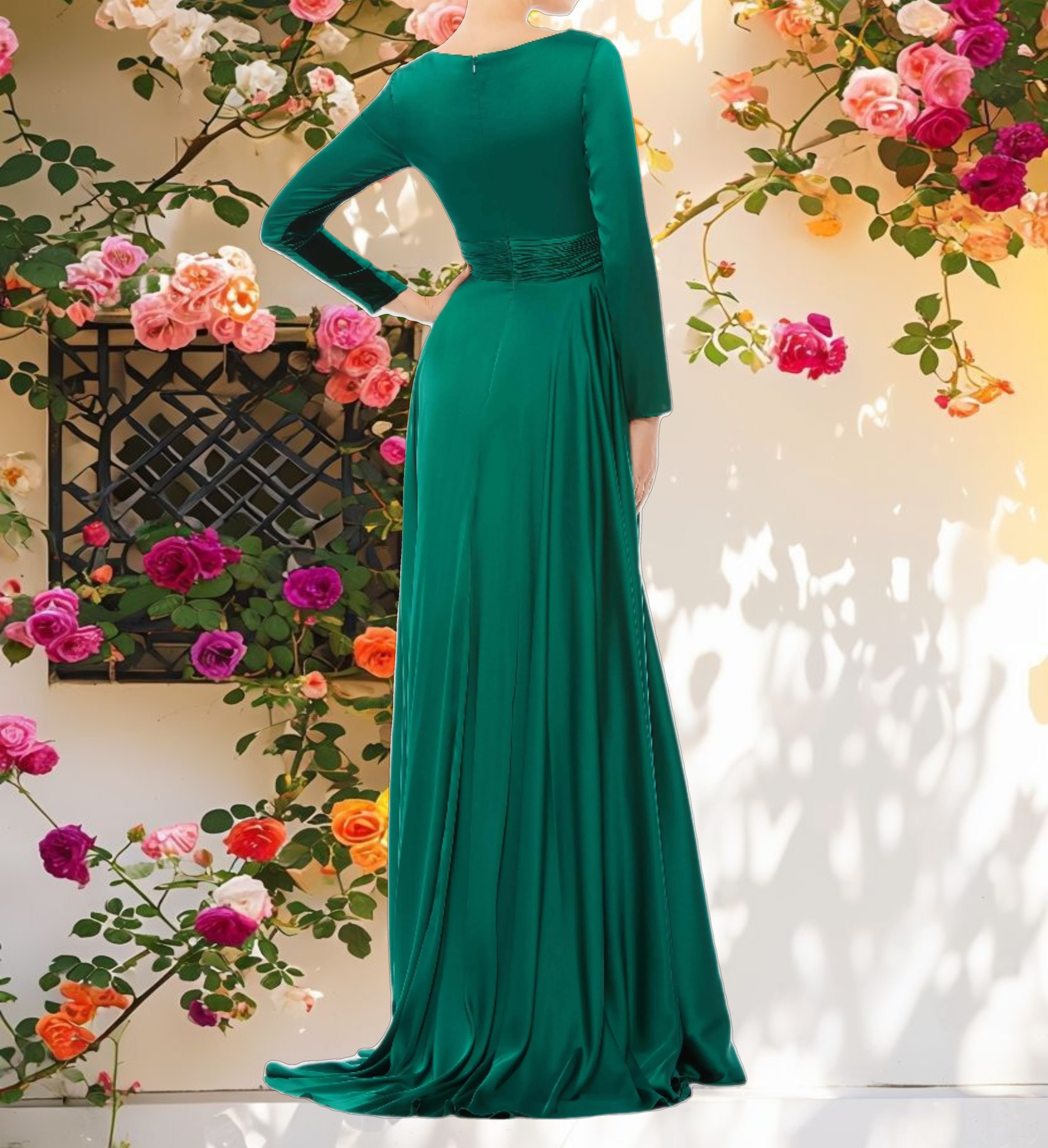 Elegant Long Sleeve Ruched Waist A Line Gown