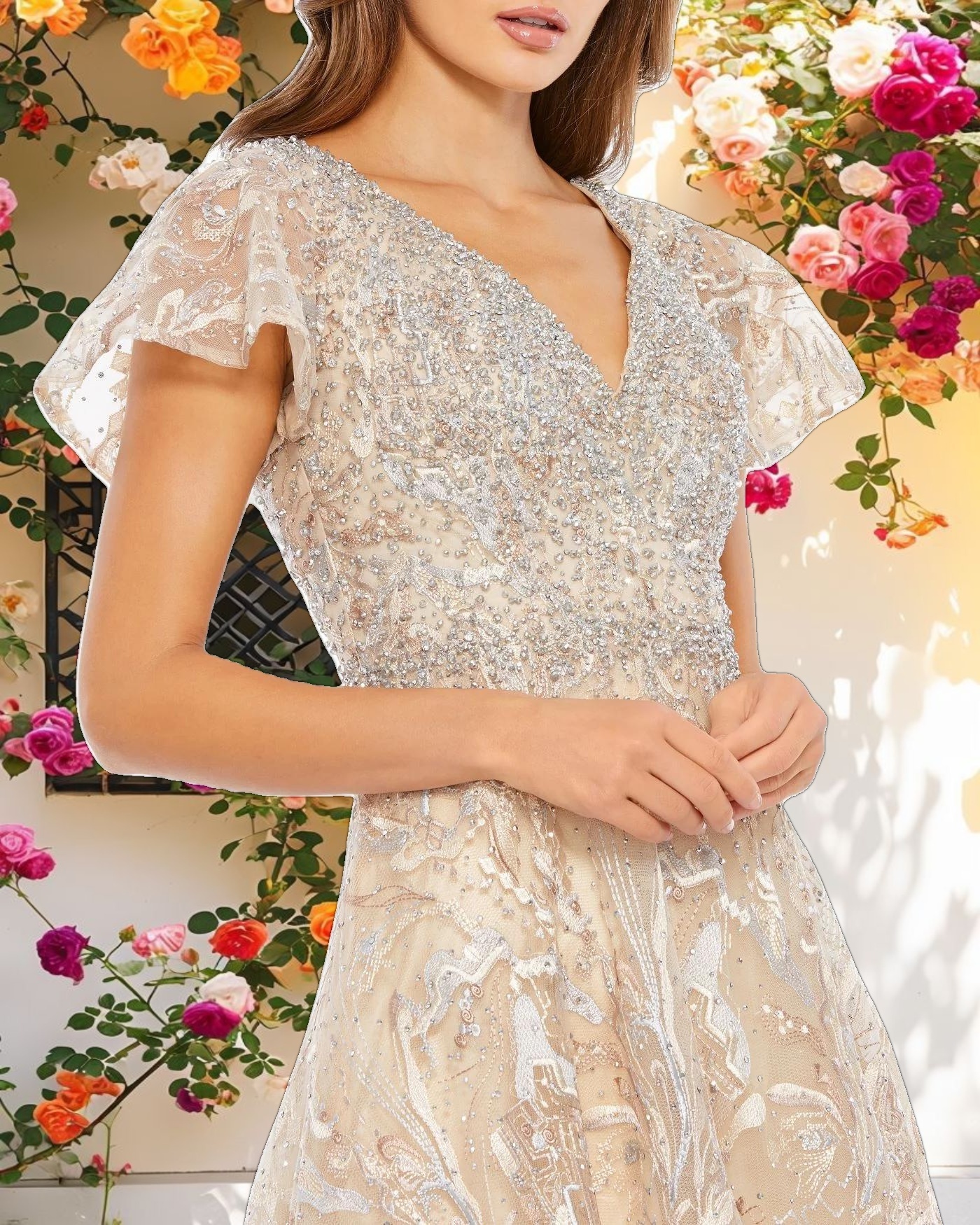 Beige Embellished Illusion Butterfly Sleeve A Line Gown