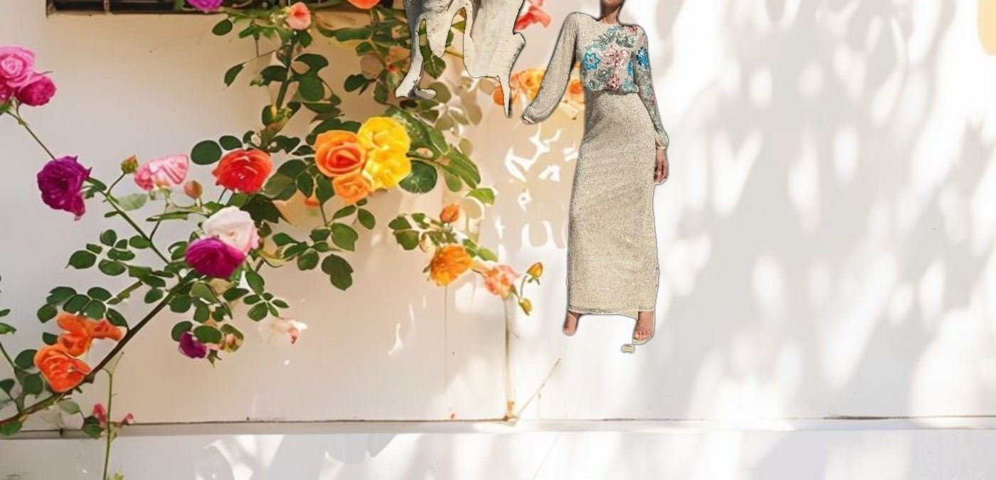 Beige Embellished Floral High Neck Gown