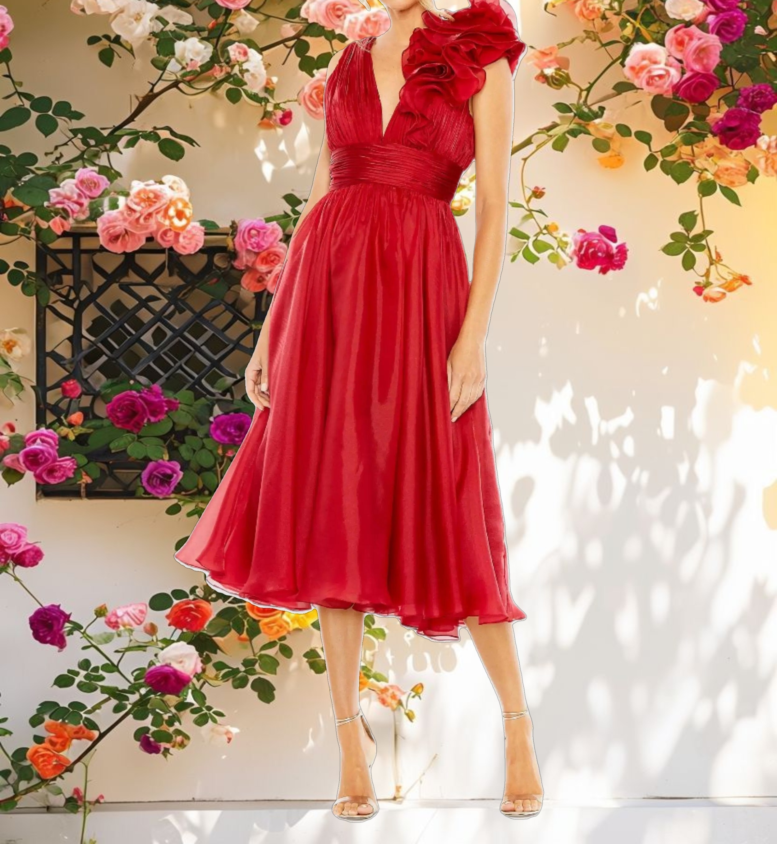 Red Sleeveless Chiffon A Line Tea Length Cocktail Dress
