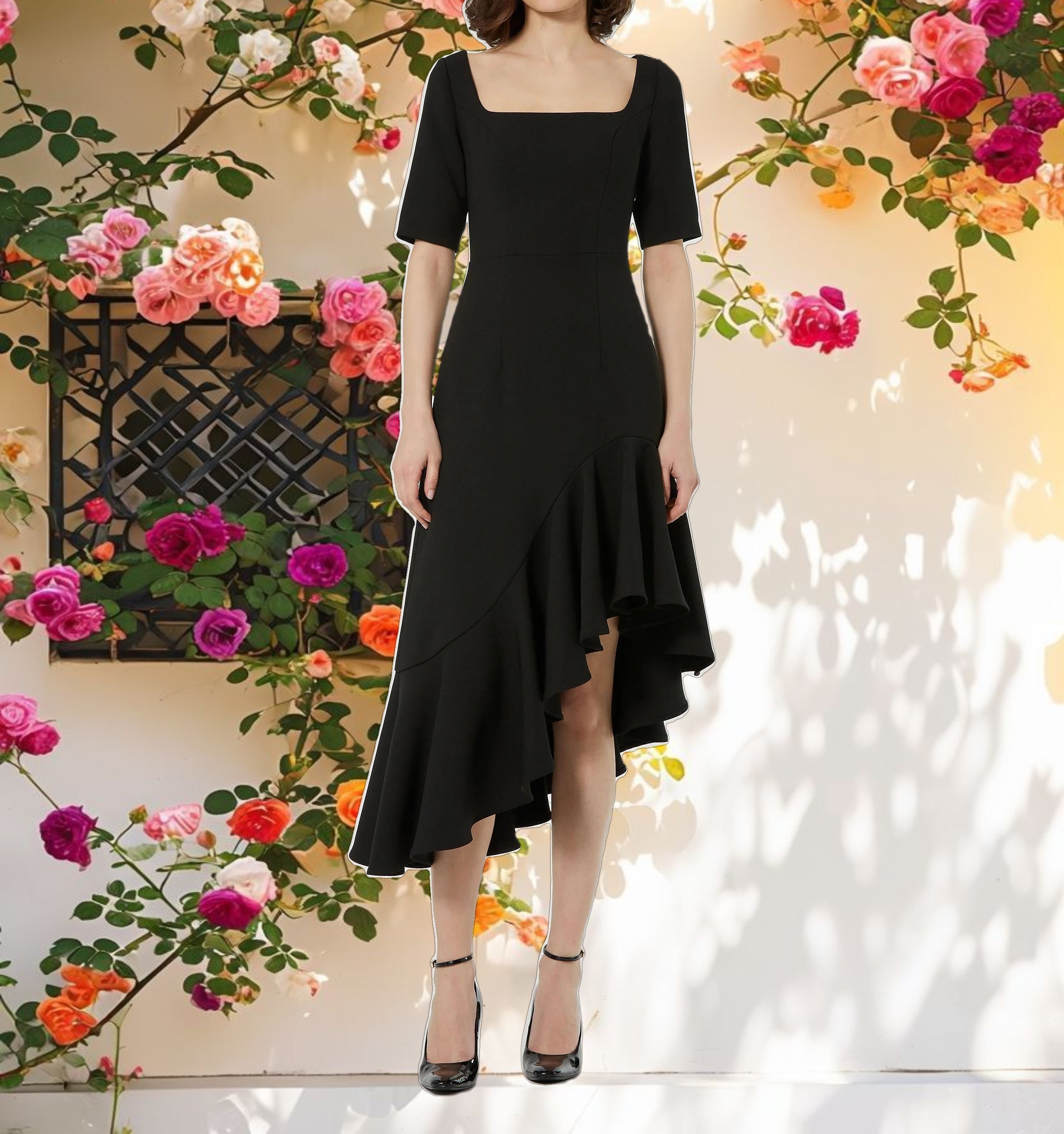 Black Crepe 34 Sleeve Asymmetrical Hem Dress