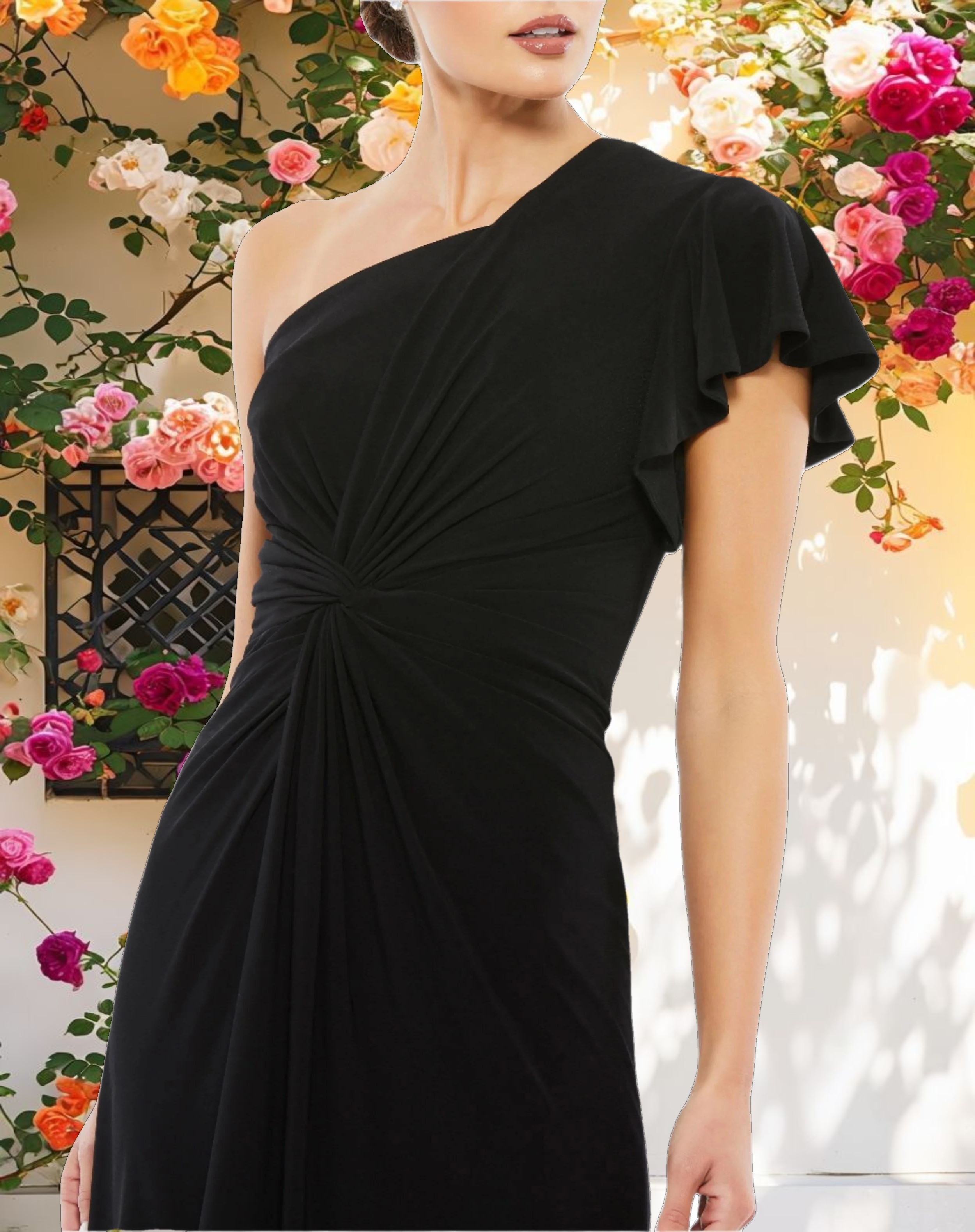 Black One Shoulder Midi Length Jersey Dress