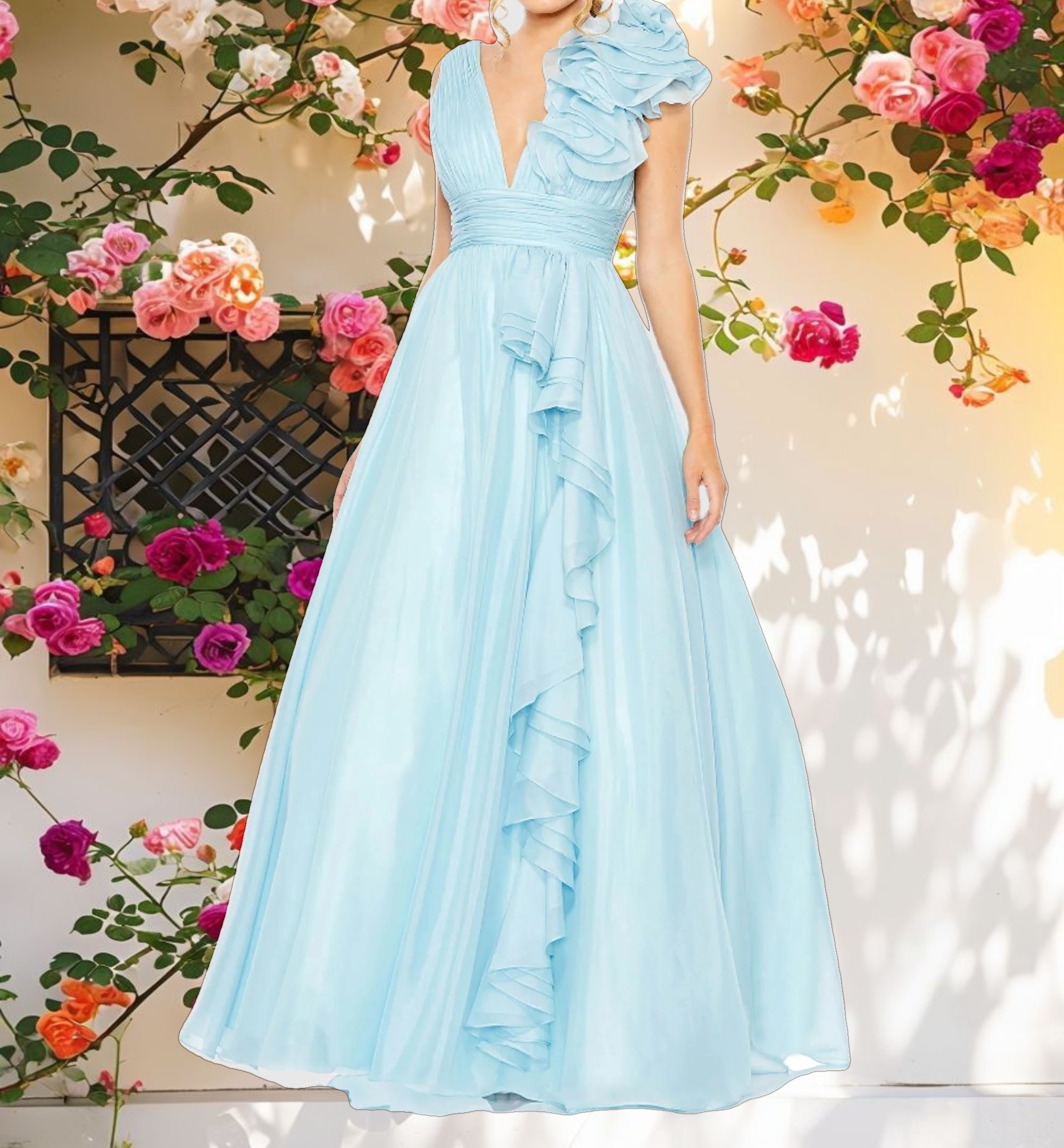 Light Blue Ruffle Shoulder V-Neck Chiffon Gown