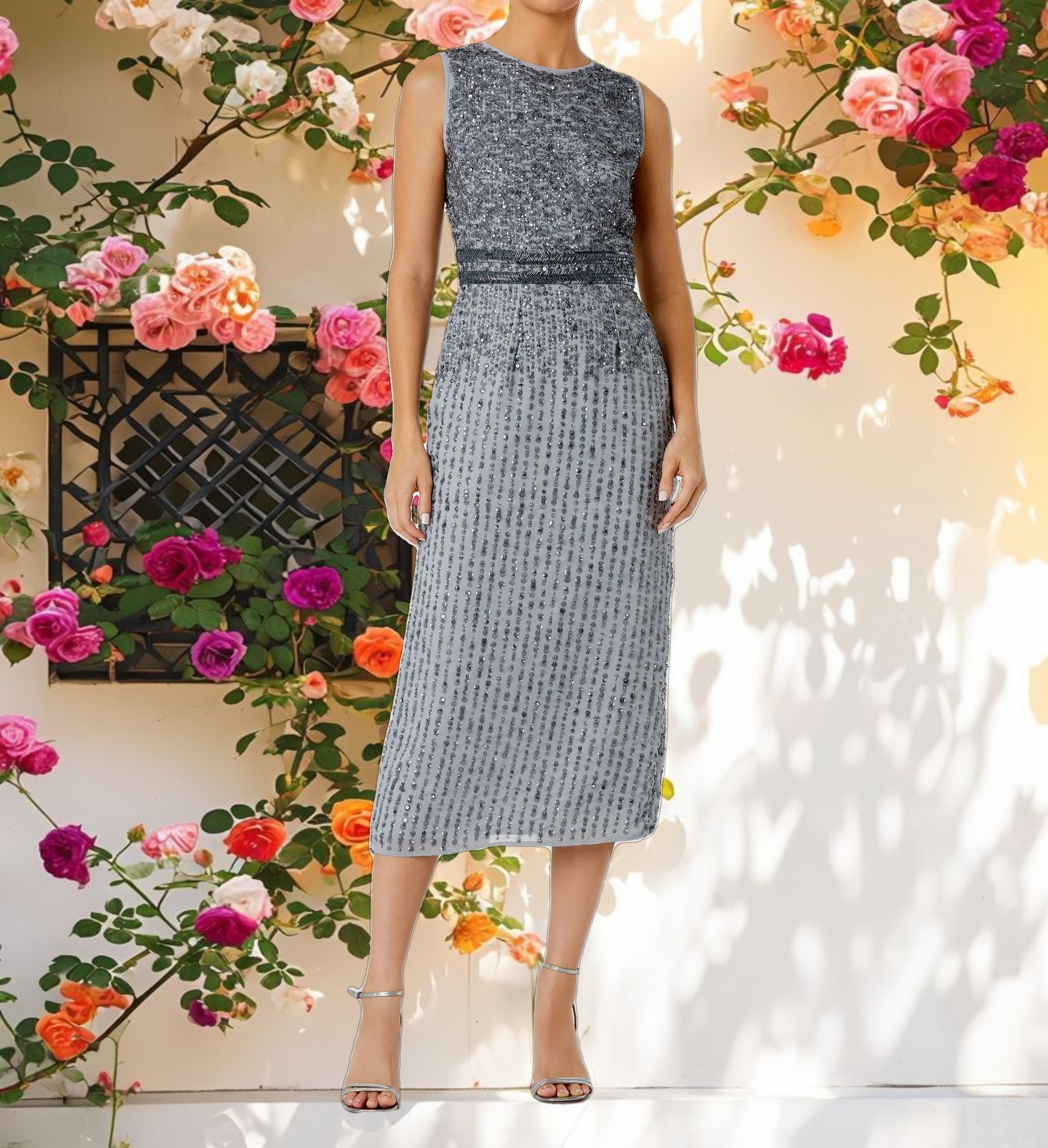 Sleeveless High Neck Beaded Midi Sheath Dress