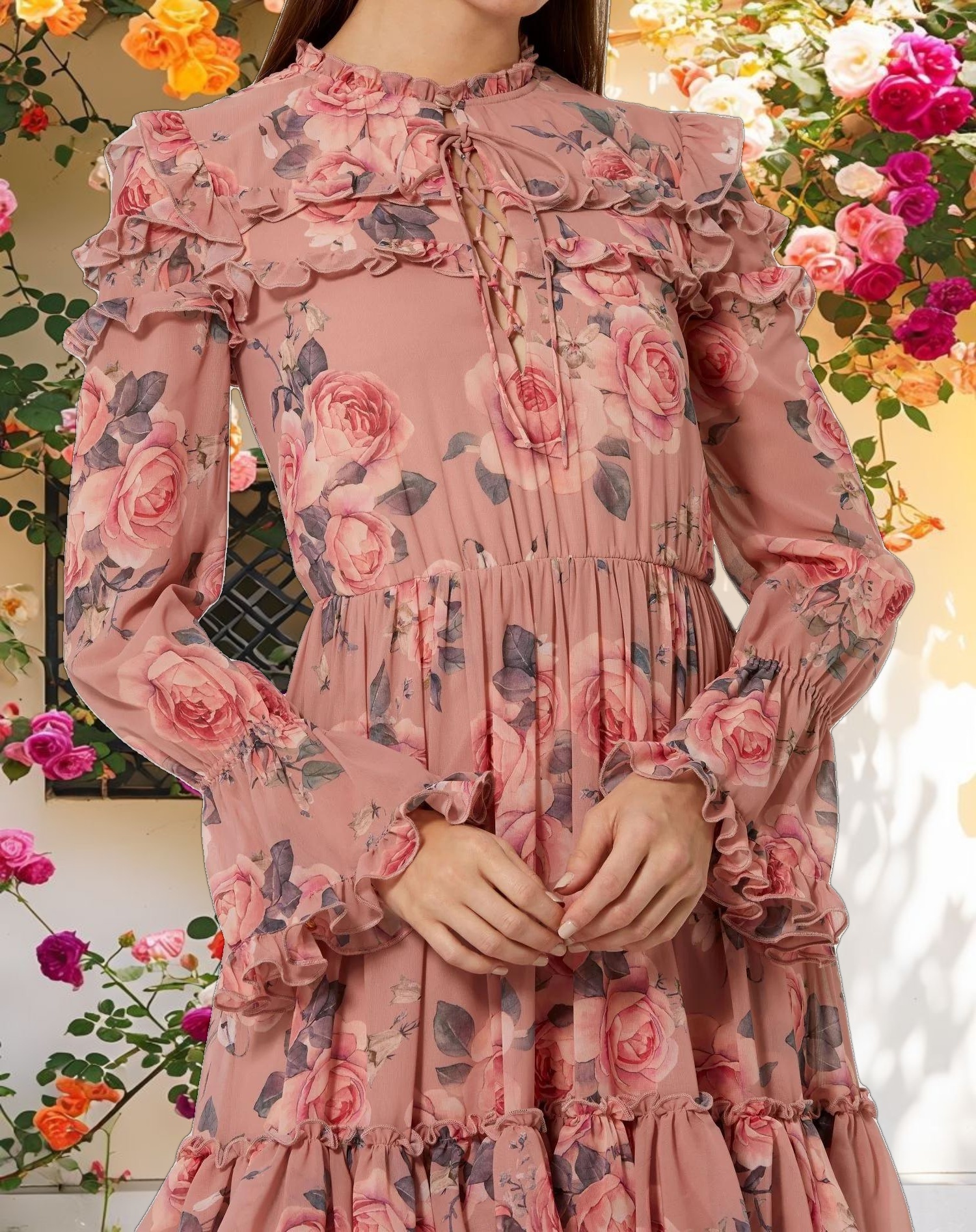 Pink Long Sleeve Lace Up Front Tiered Ruffle Dress