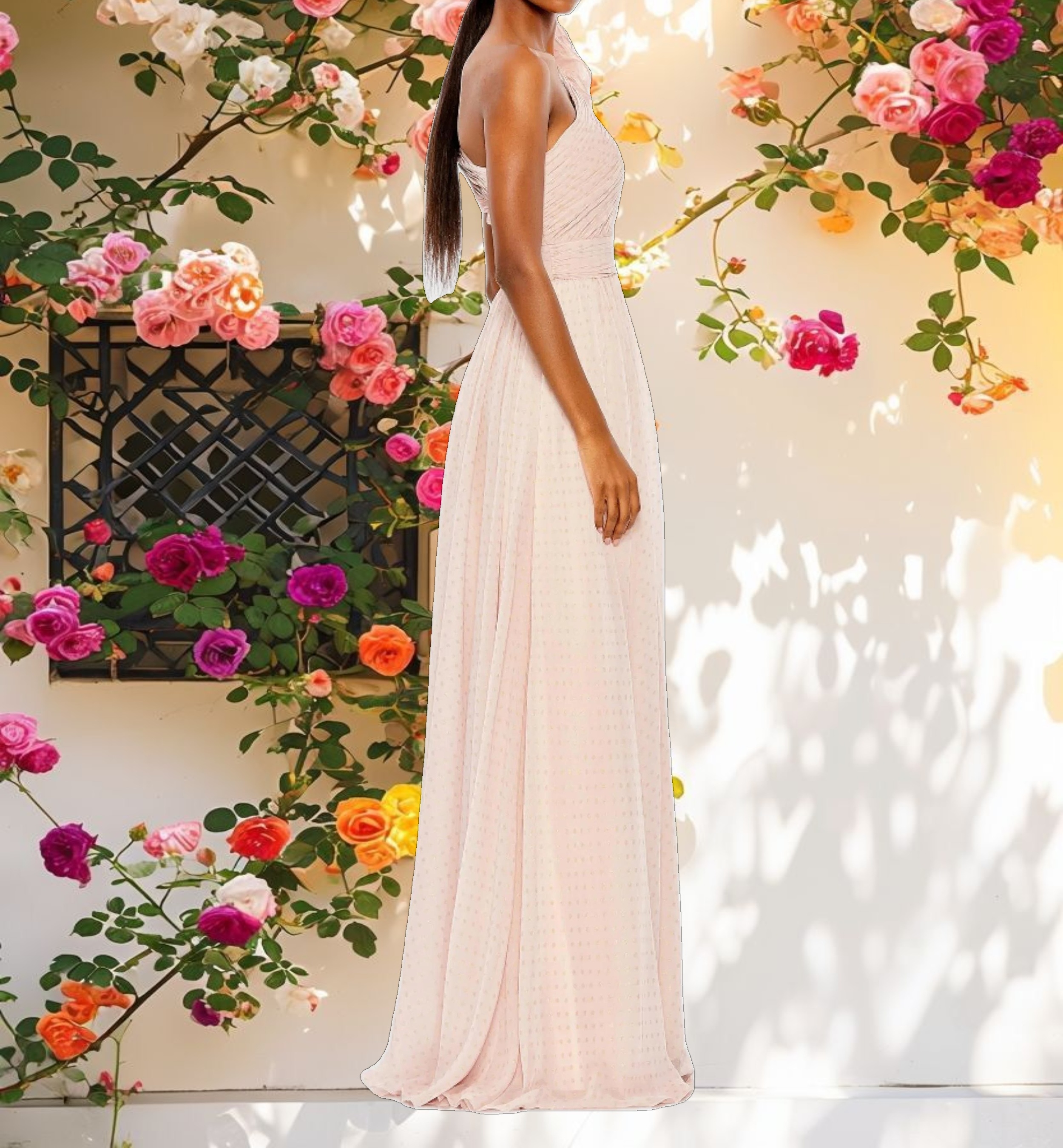 Pink Polka Dot Ruffled One Shoulder Gown