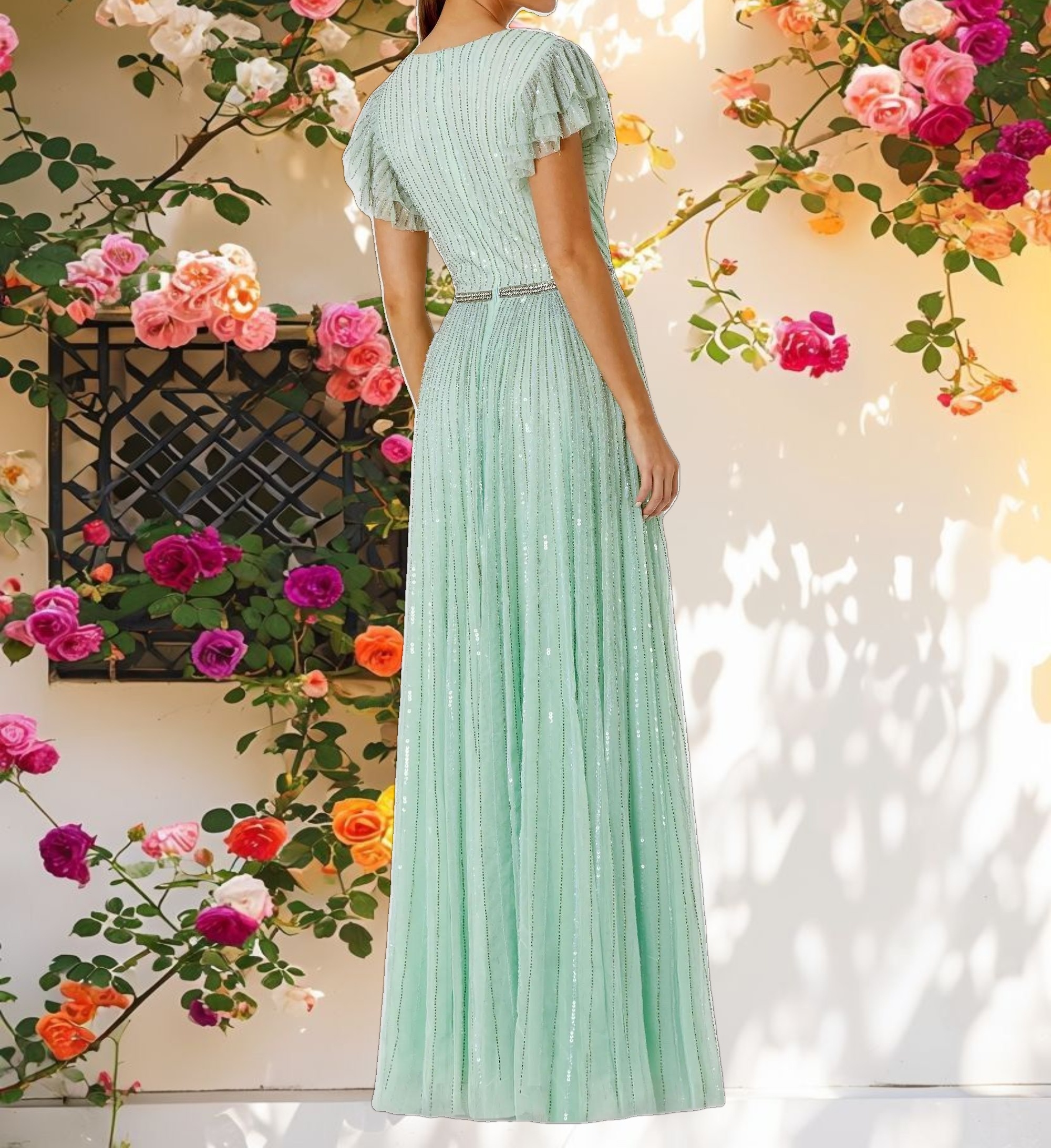 Glowing Sequined Wrap Over Ruffled Cap Sleeve Gown