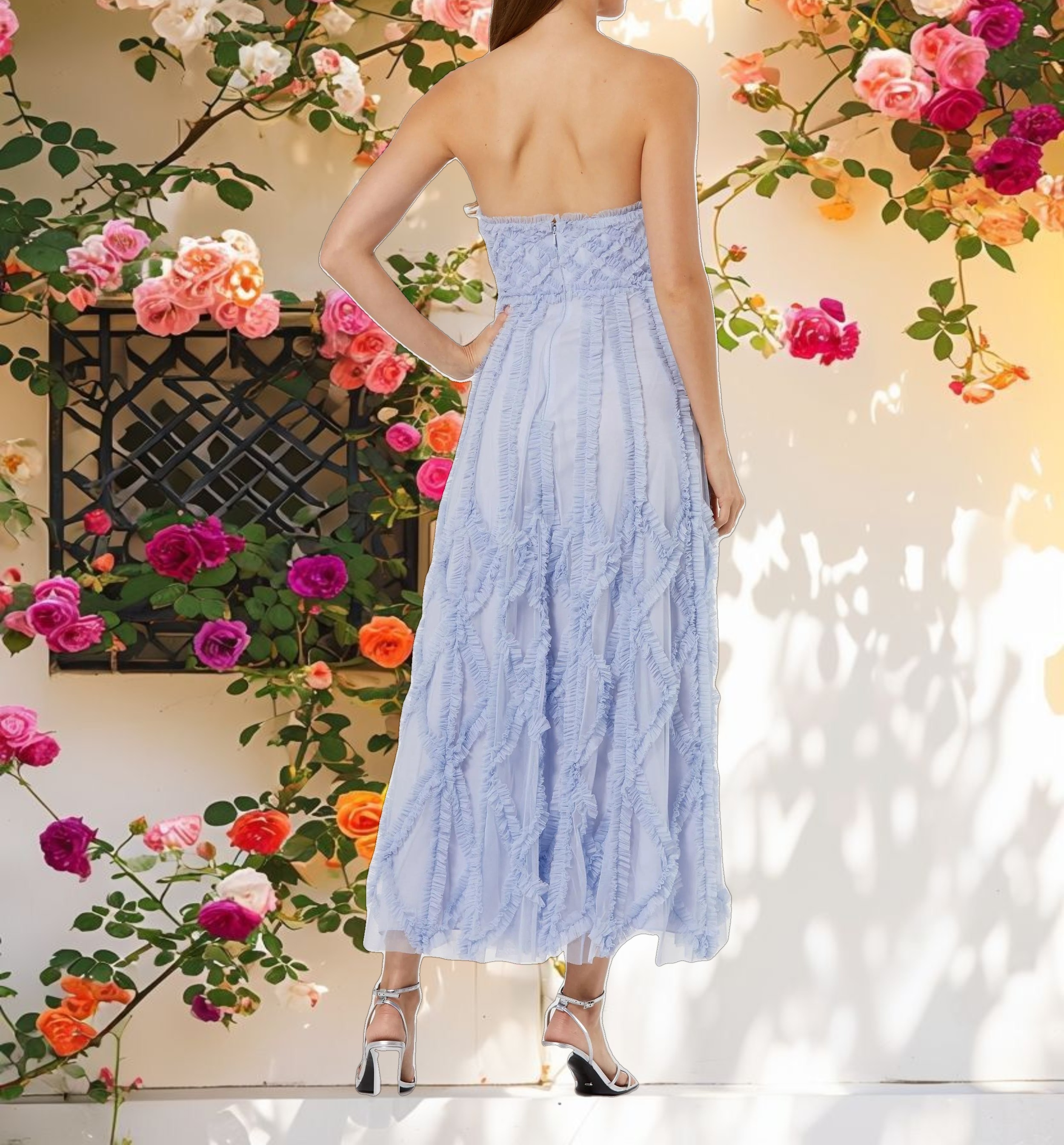 Blue Mesh Ruffle Strapless A Line Midi Dress