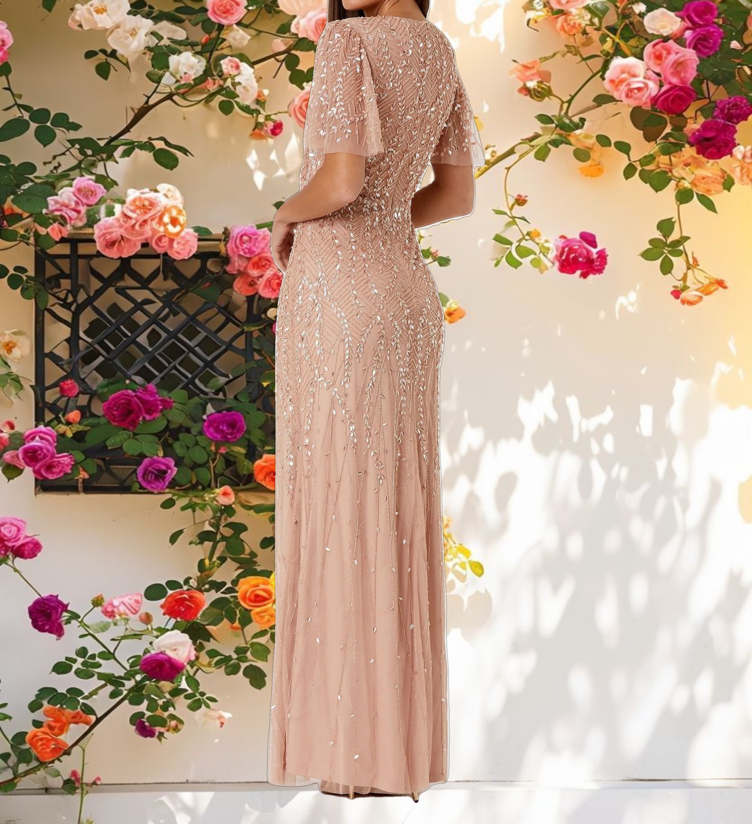Pink Embellished Flutter Sleeve Gown
