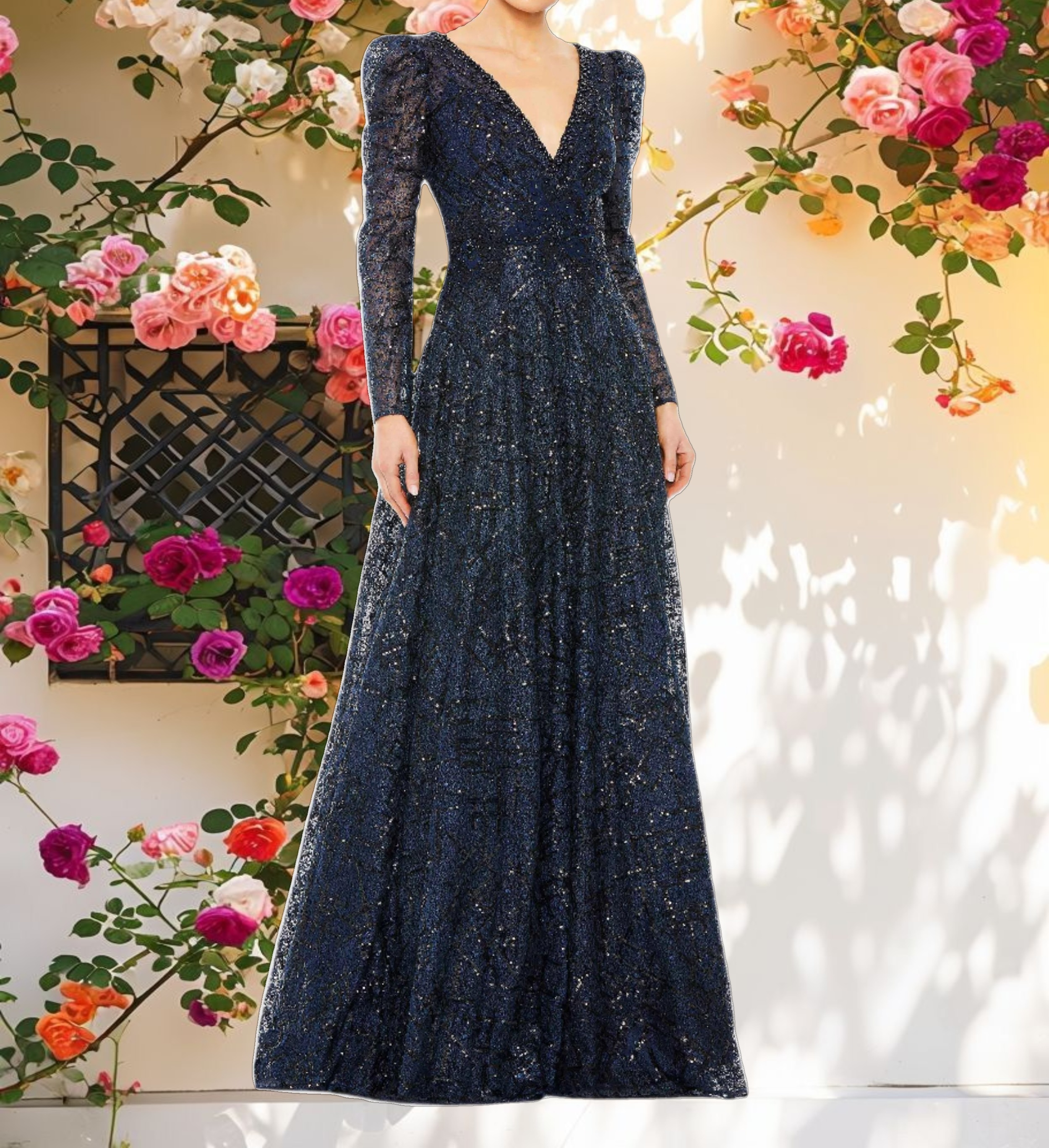 Navy Embellished V Neck Long Sleeve A Line Gown