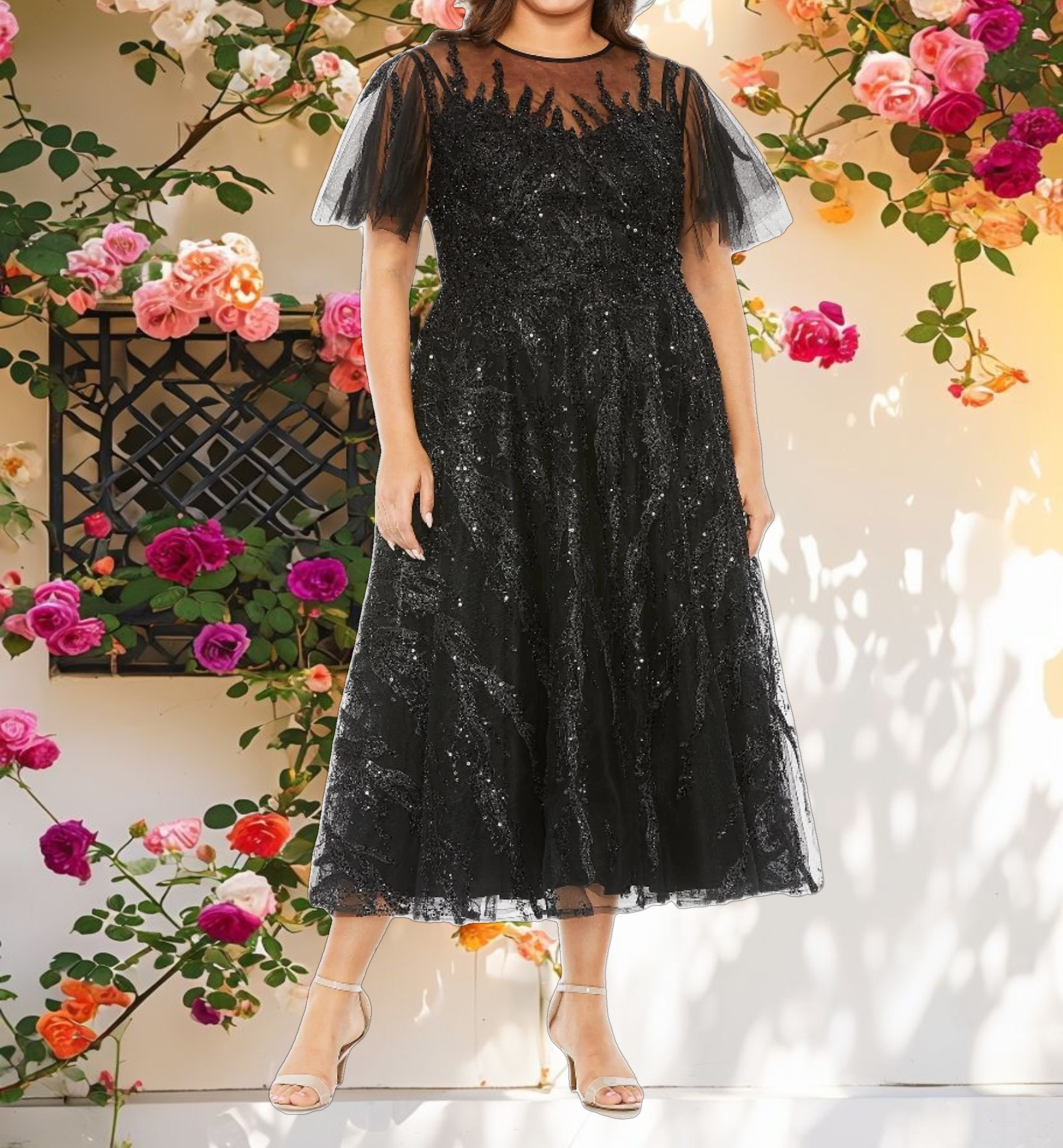 Black High Neck Flutter Sleeve A Line Embellished Dress