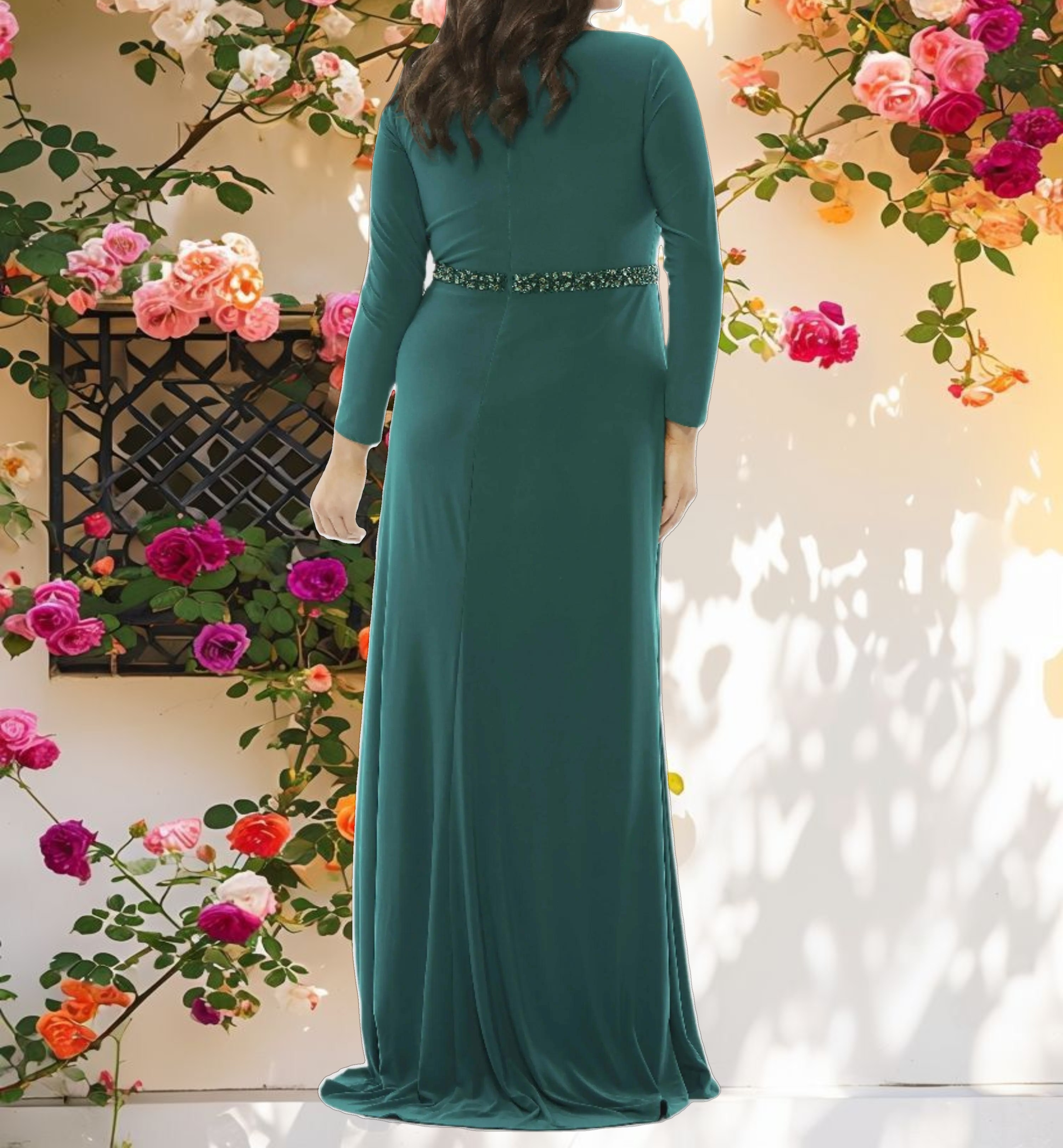 Green Beaded Belt Jersey Faux Wrap Long Sleeve Gown
