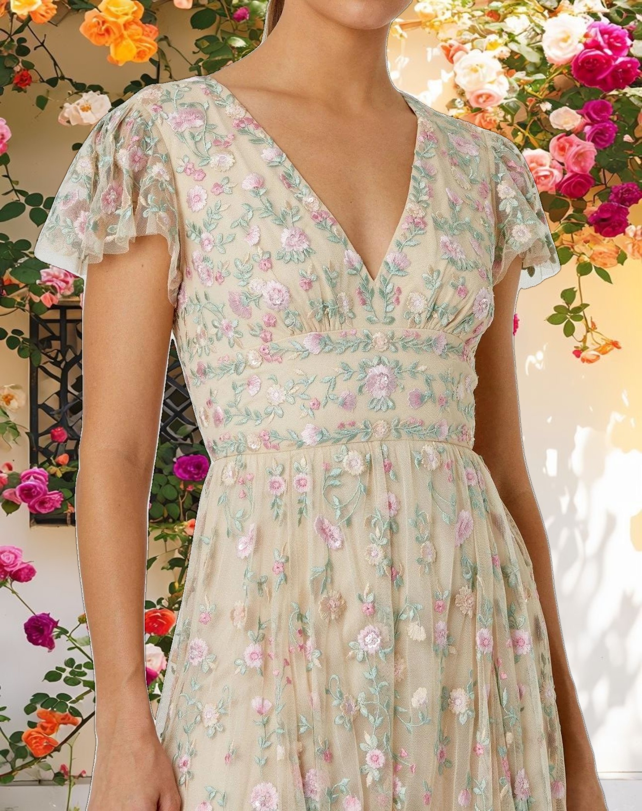 Multi Color Embroidered V Neck Cap Sleeve Midi Dress