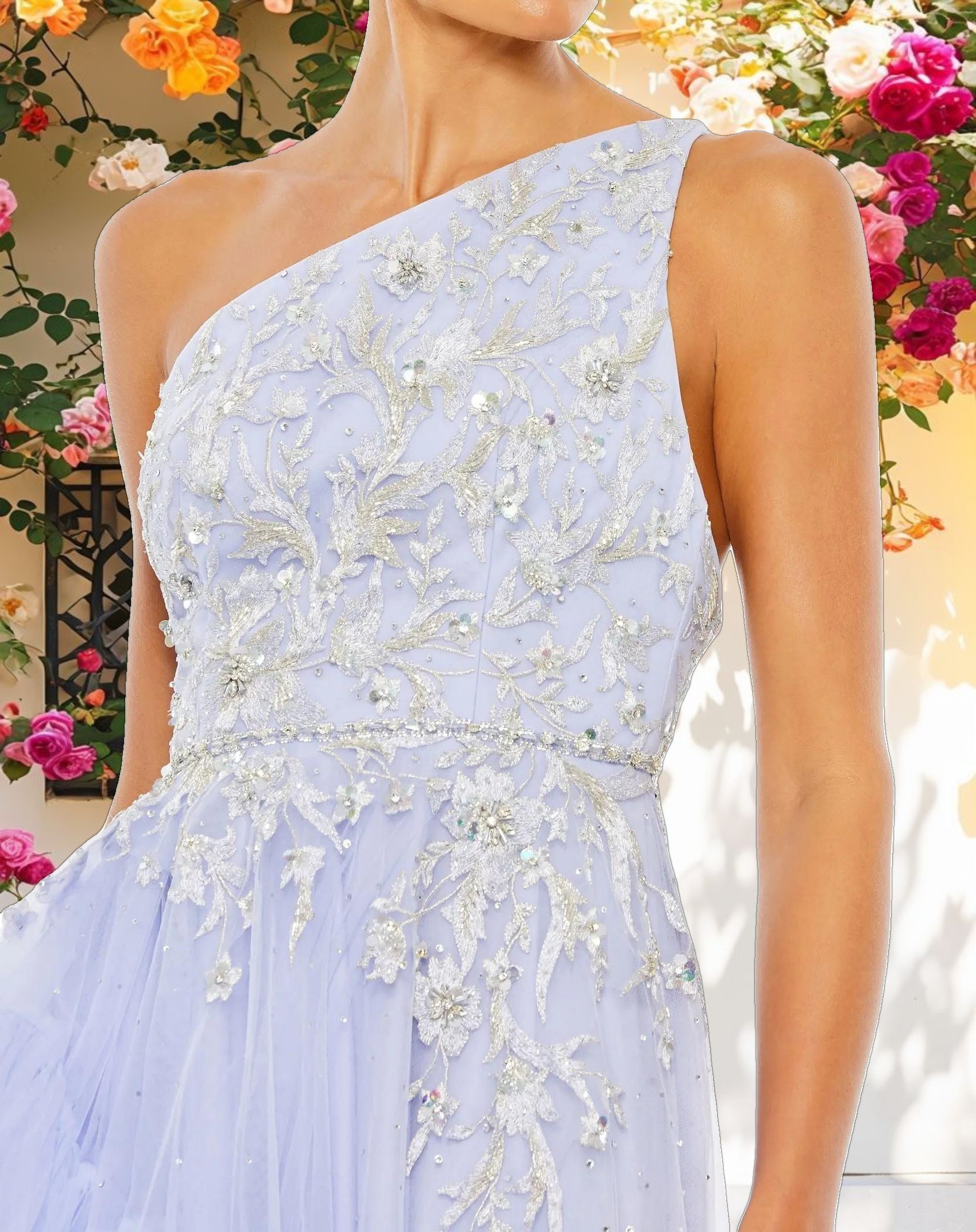 Pink Decorated Open-Shoulder Asymmetrical Hem Dress