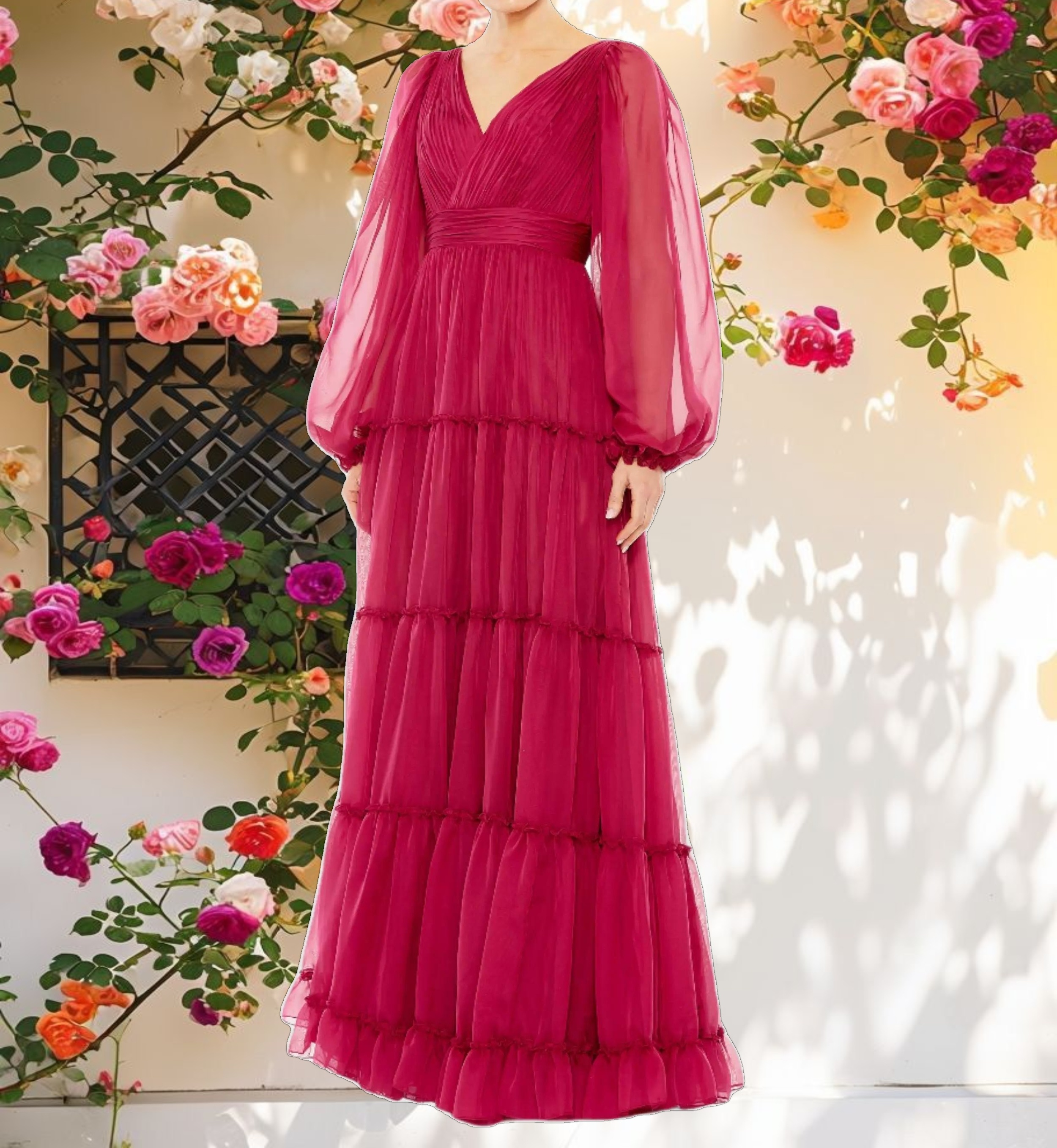 Ruffle Tiered Puff Sleeve A Line Gown