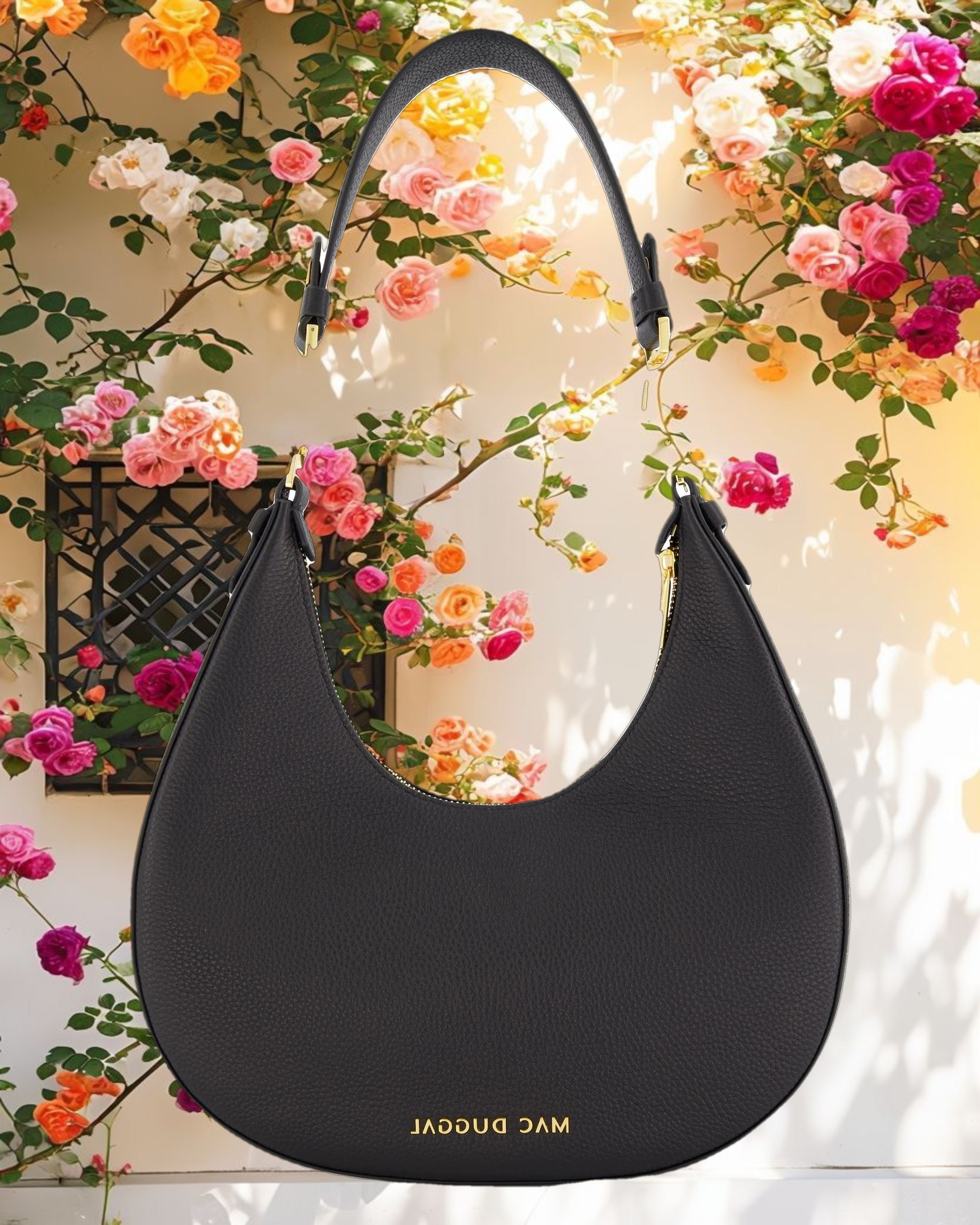 Grain Leather Hobo Bag With Gold Hardware