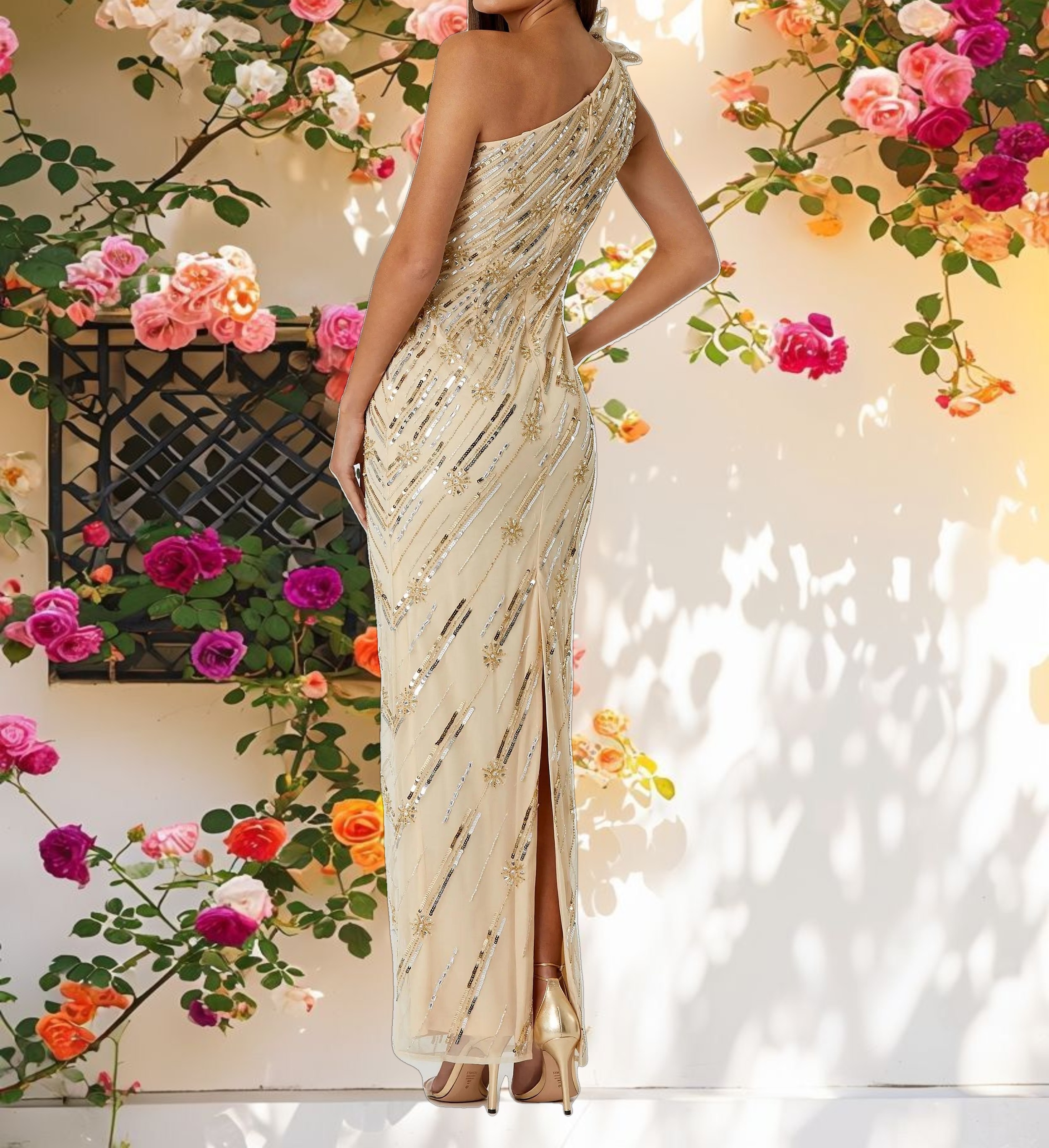 Gold Embellished Floral Detail One Shoulder Gown