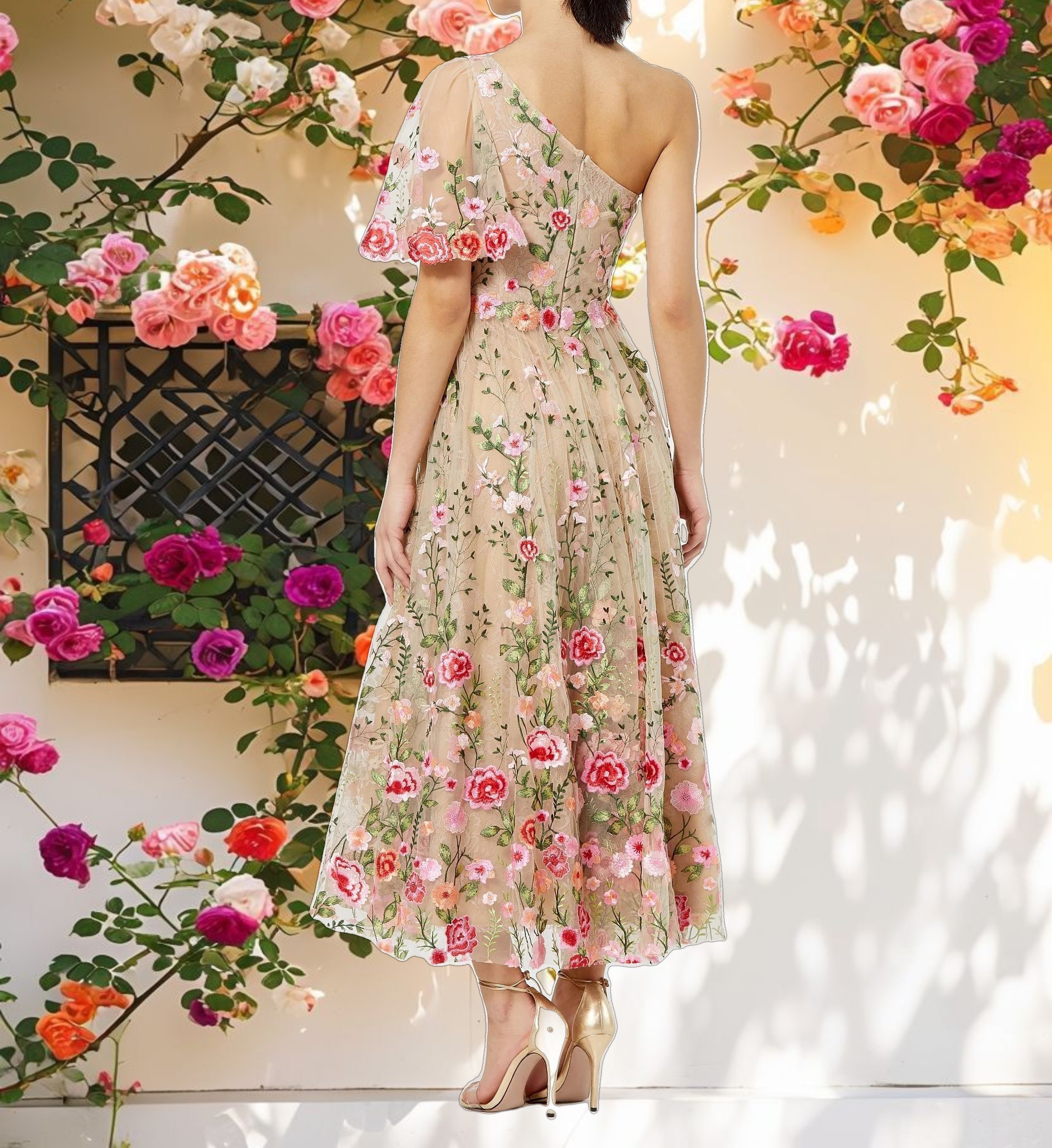 One Shoulder Lace Embroidered Dress