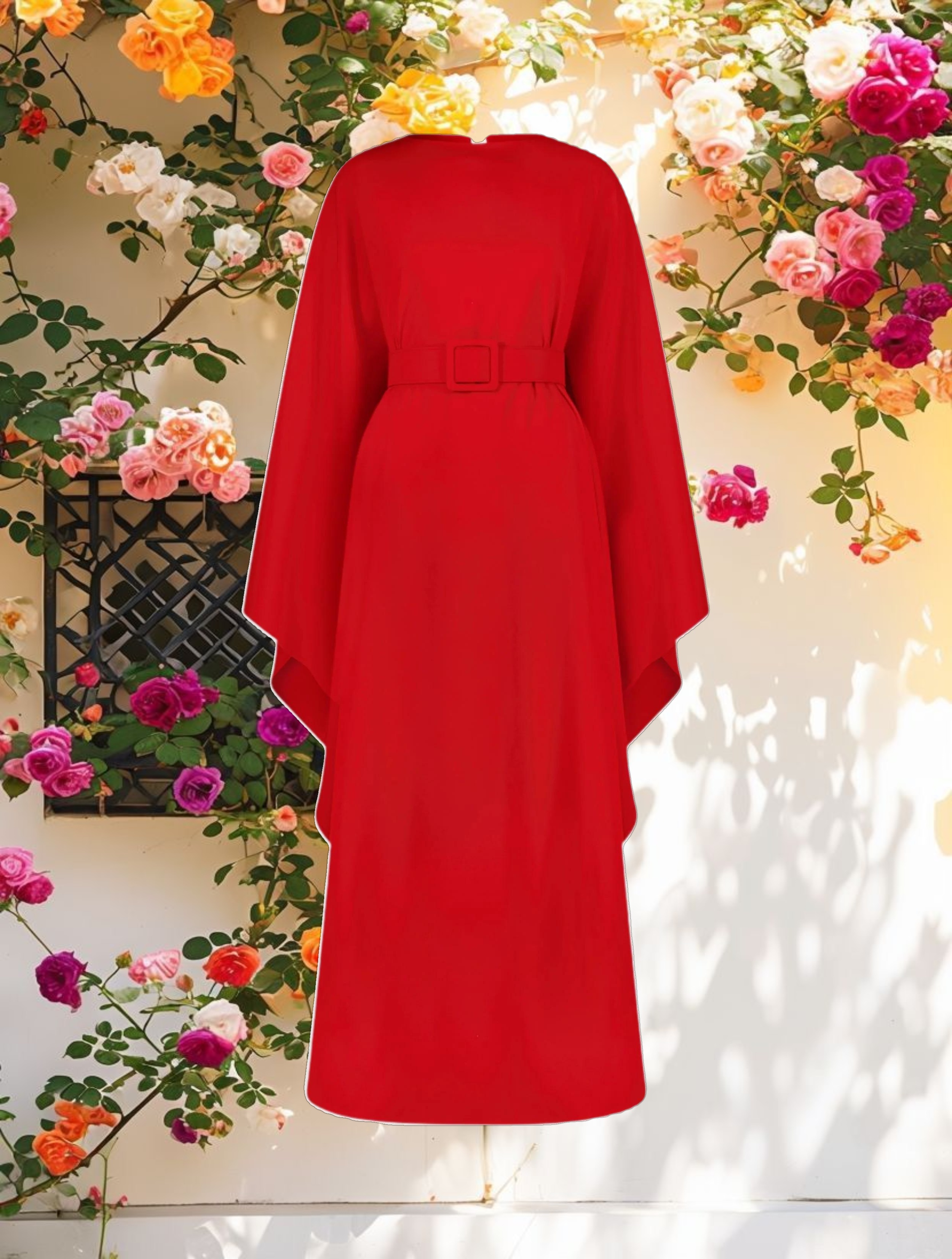 Red Crepe Boat Neck Caftan Maxi Dress With Belt