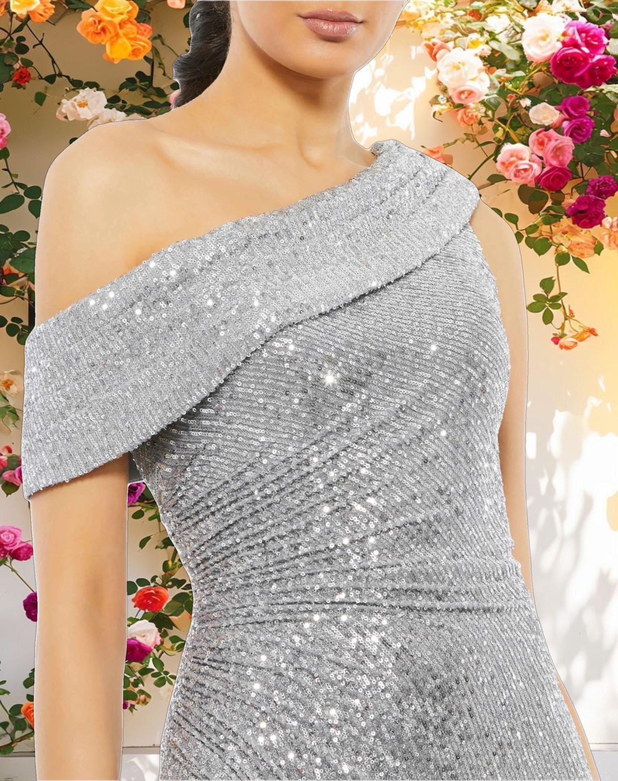 Silver Sequined Drop Shoulder Gown