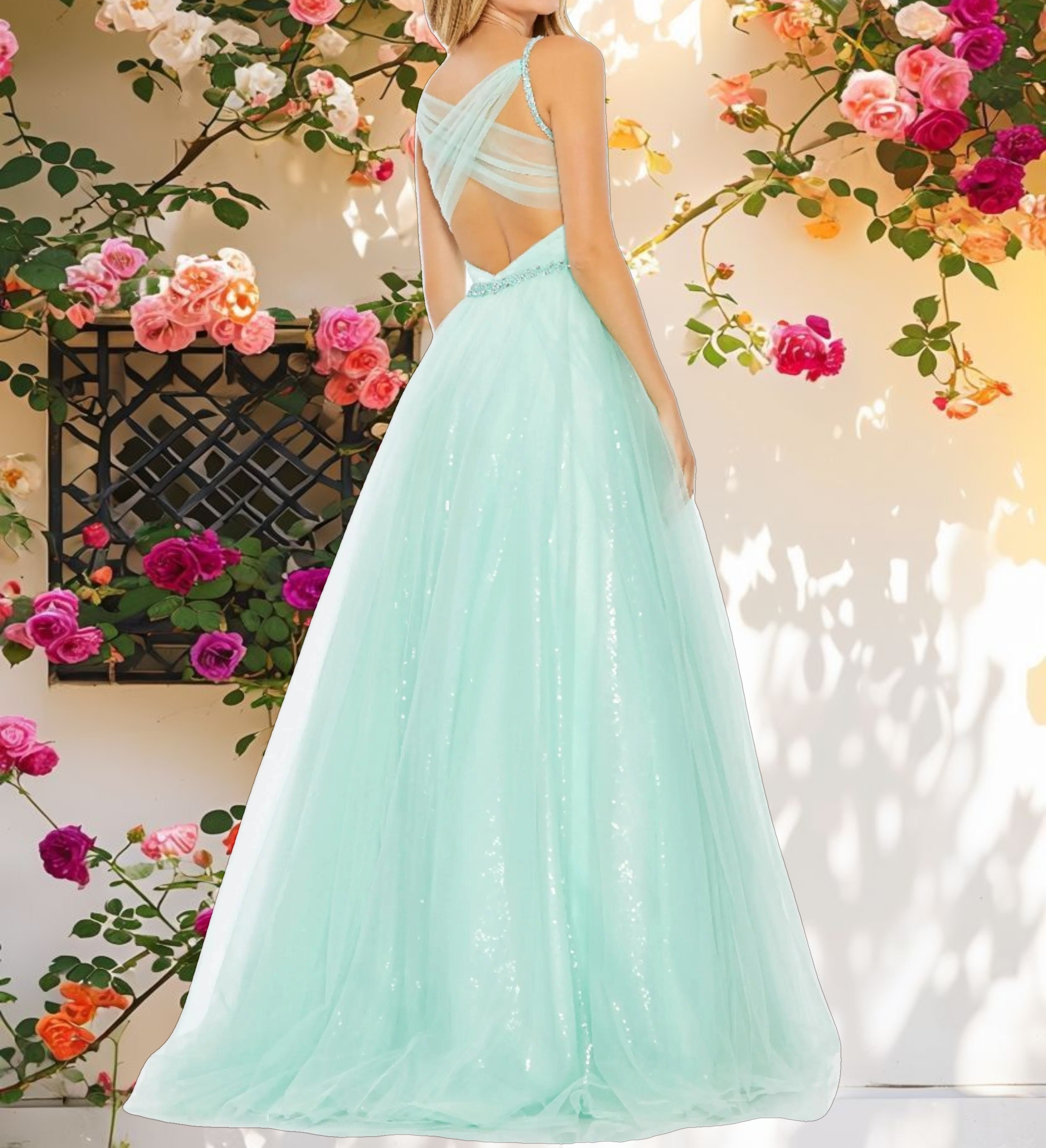 Blue V Neck Tulle Ballgown with Decorated Belt