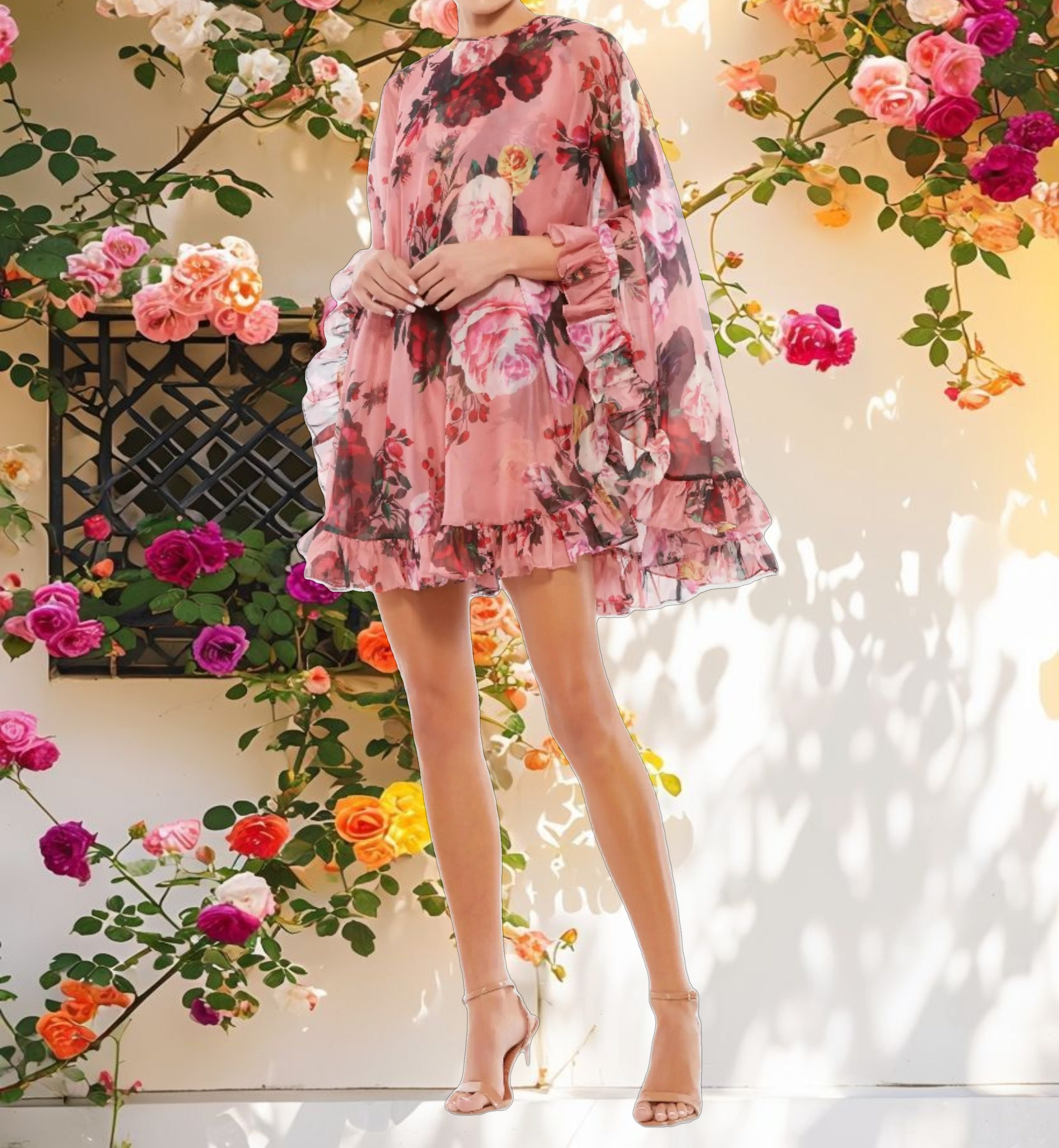 Multicolor Floral Print High Neck Ruffle Hem Cape Mini Dress