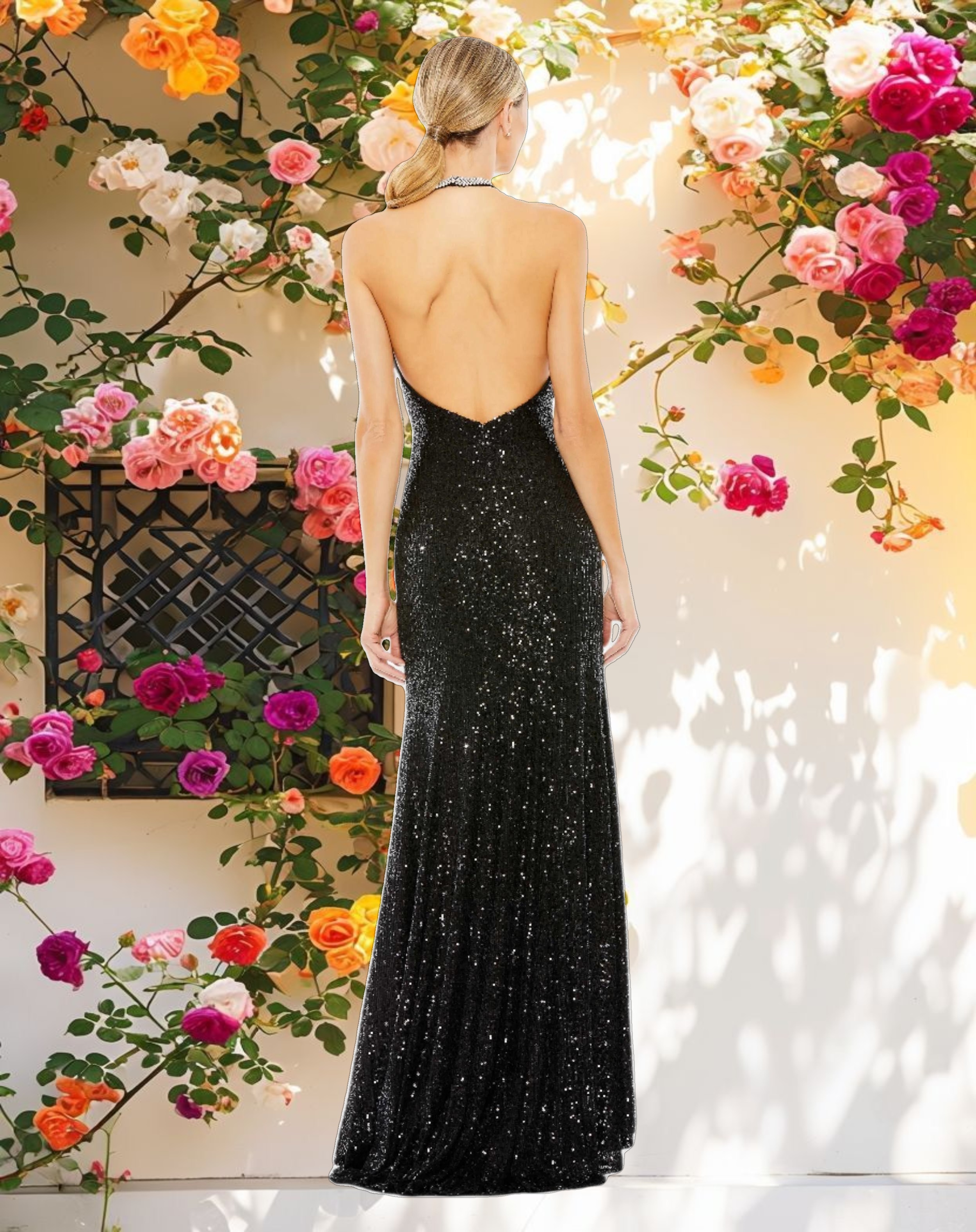 Black Sequined High Neck Rhinestone Trim Column Gown