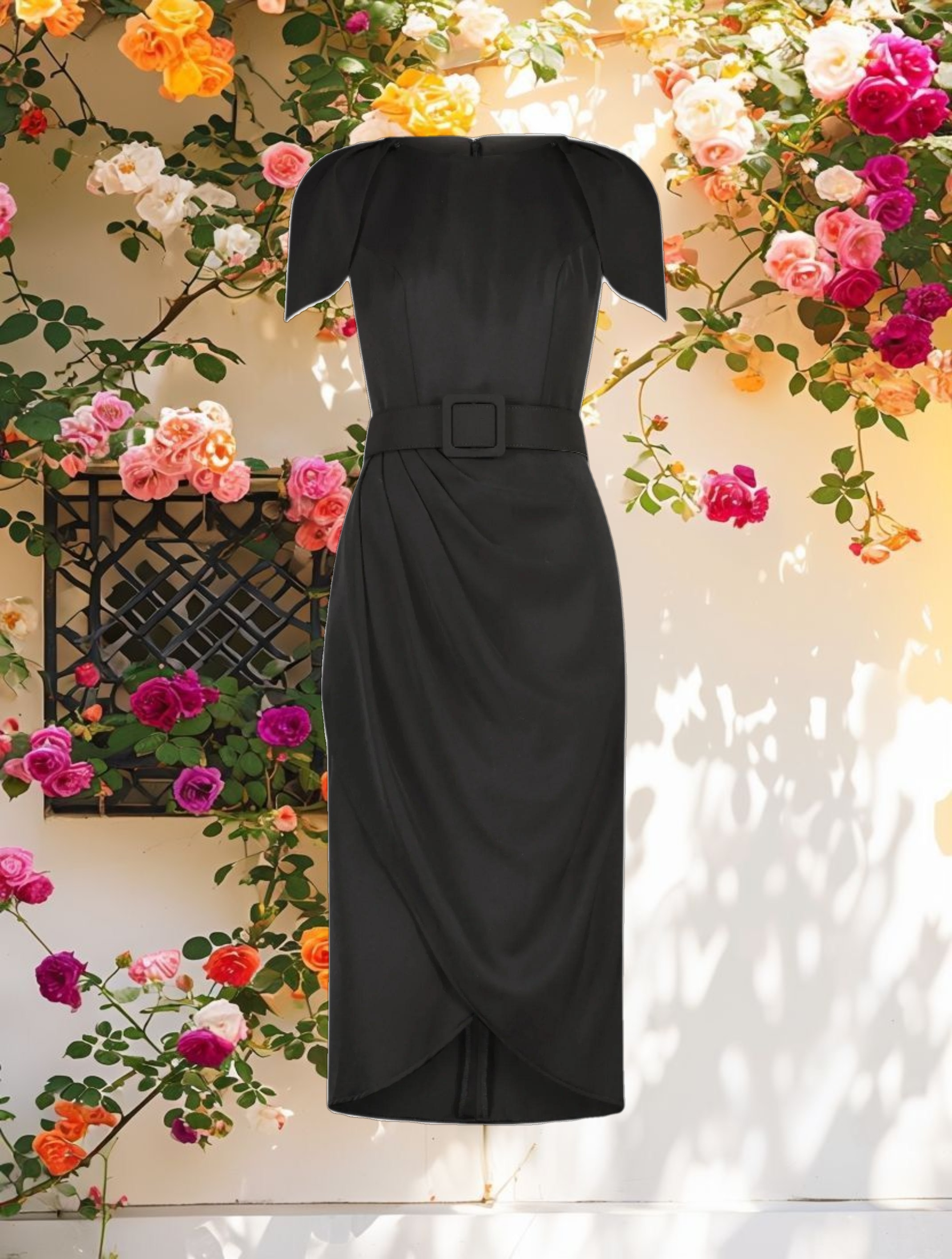 Black Crepe Boat Neck Midi Tulip Dress With Belt