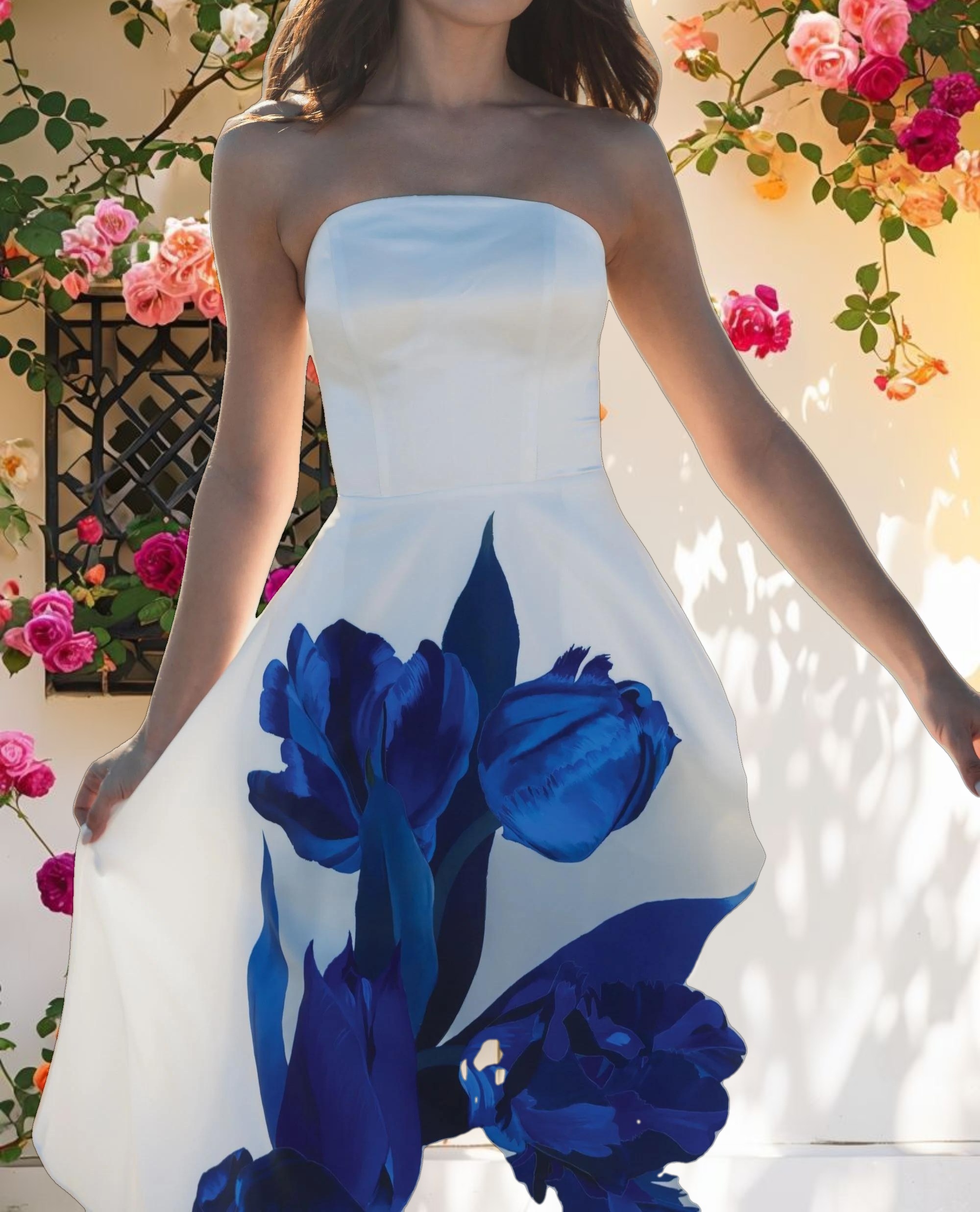 White Strapless Satin Midi Dress With Flower Print