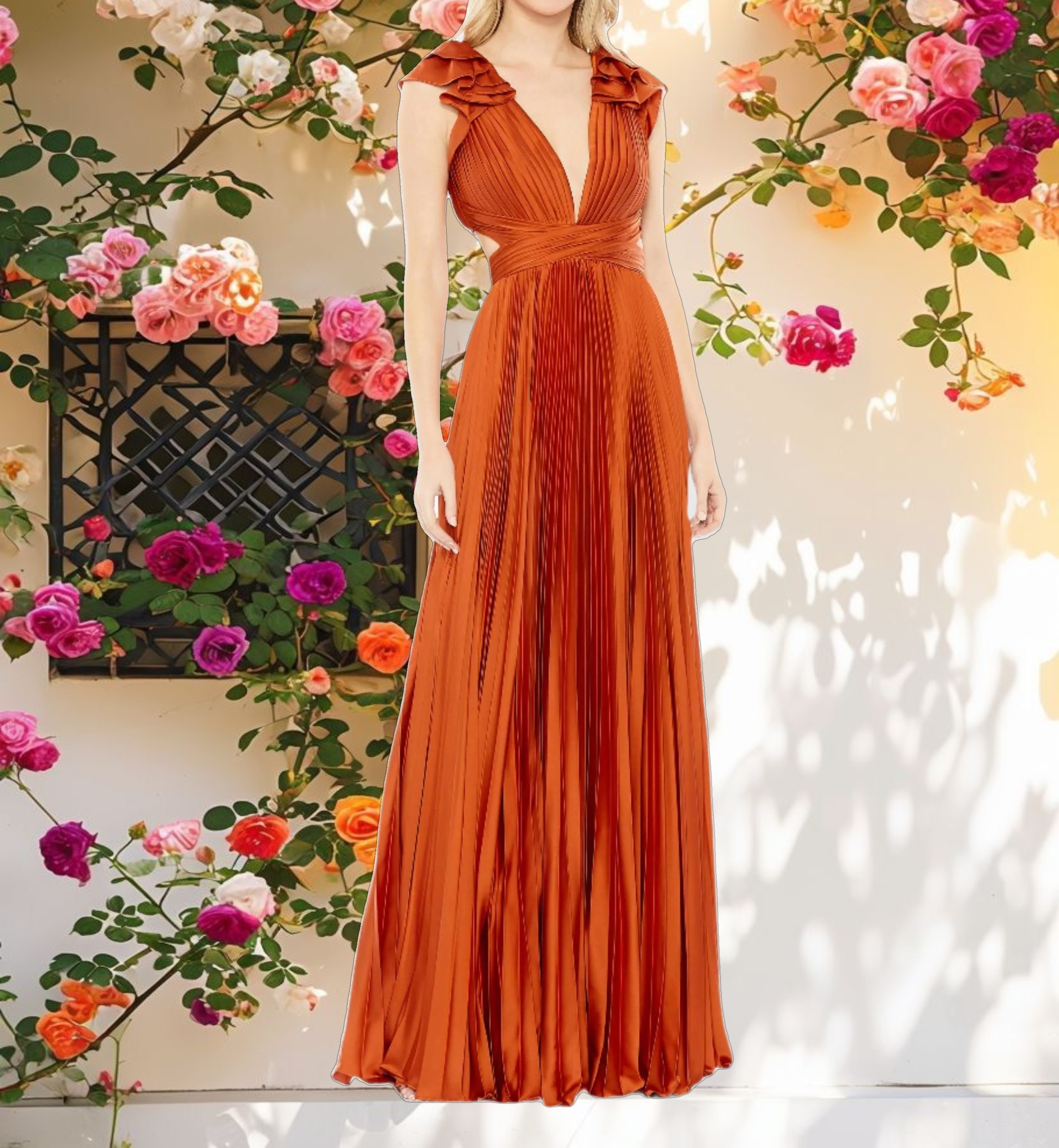 Pleated Ruffled Cap Sleeve Cut Out Lace Up Gown