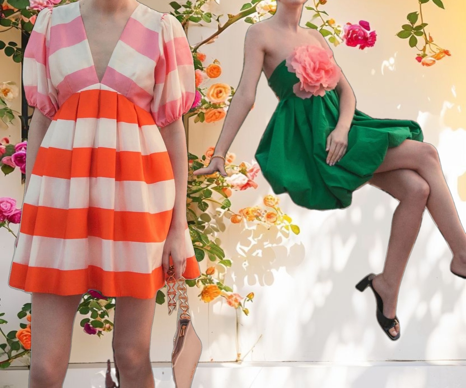 Silk Striped Balloon Sleeve Mini Dress