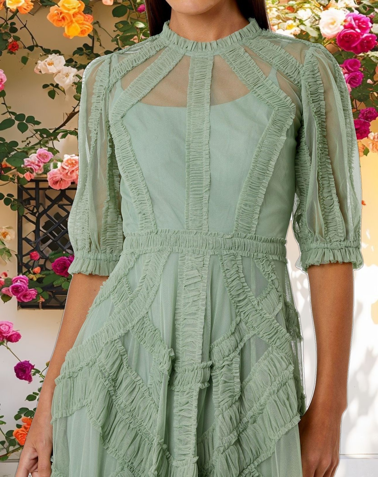 Green High Neck Micro Ruffle Tiered Midi Dress