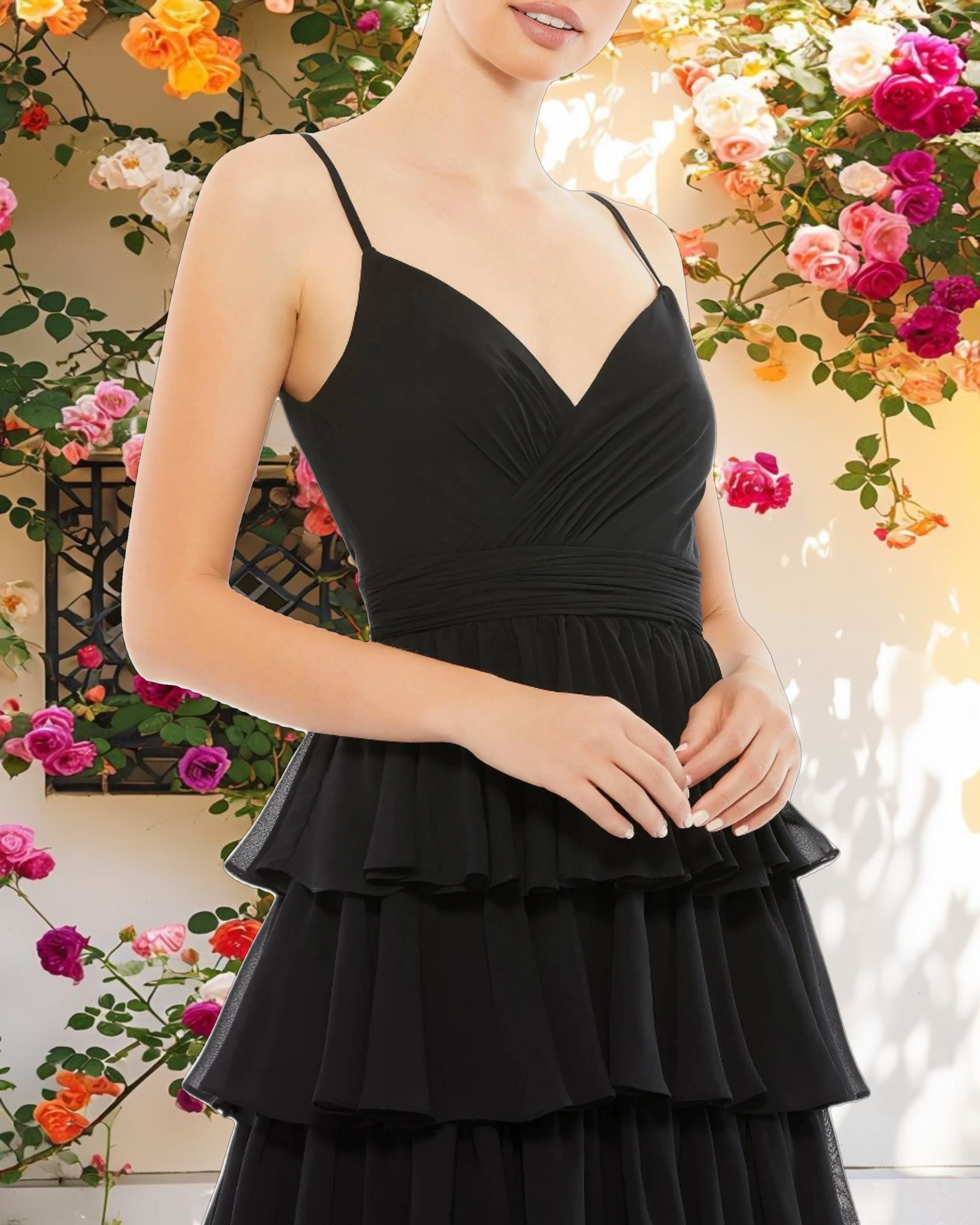 Black Ruffle Layered V Neck Midi Dress