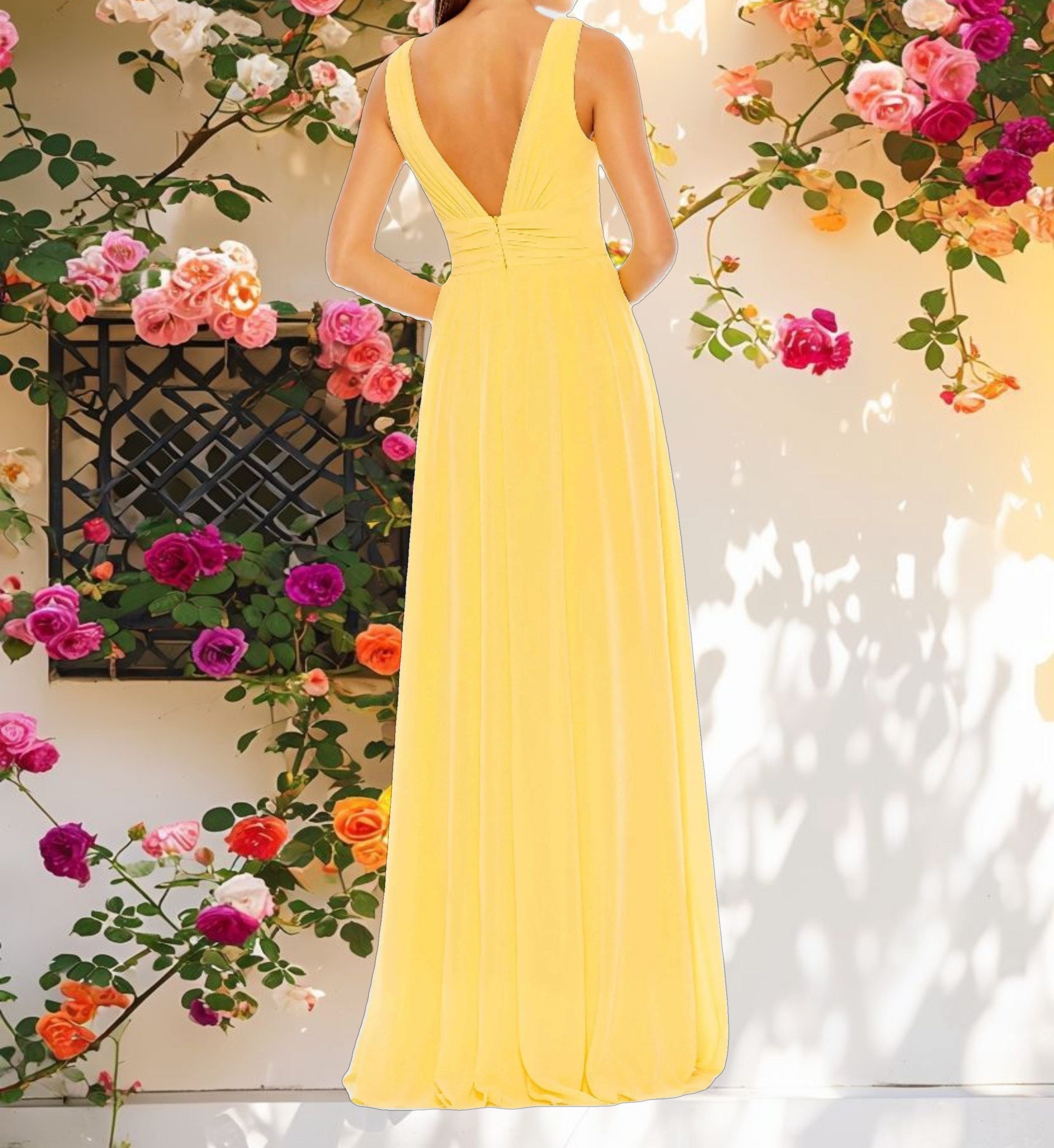 Yellow Chiffon Sleeveless Wrap Over A Line Gown