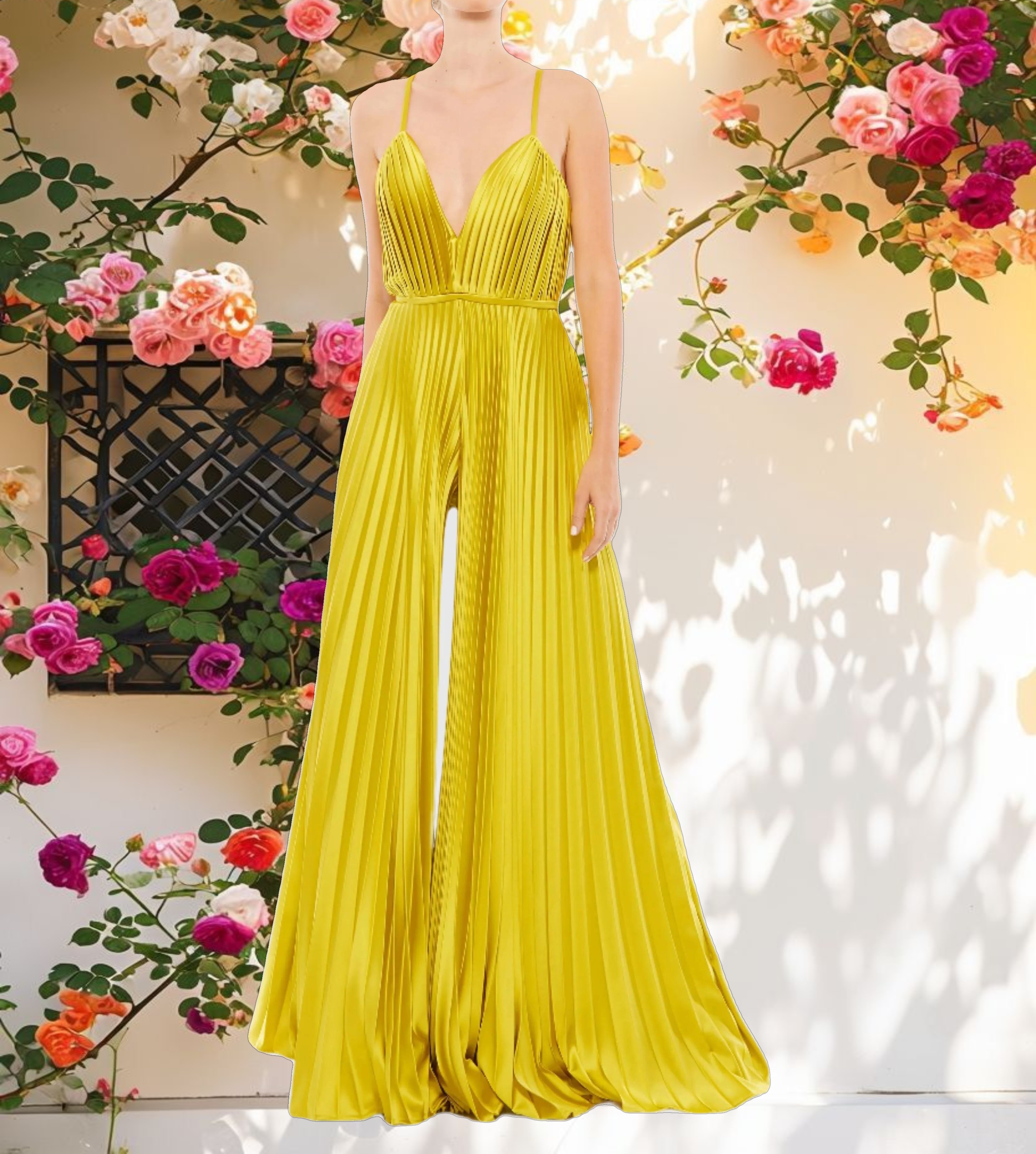 Pleated Plunge Neck Wide Leg Jumpsuit