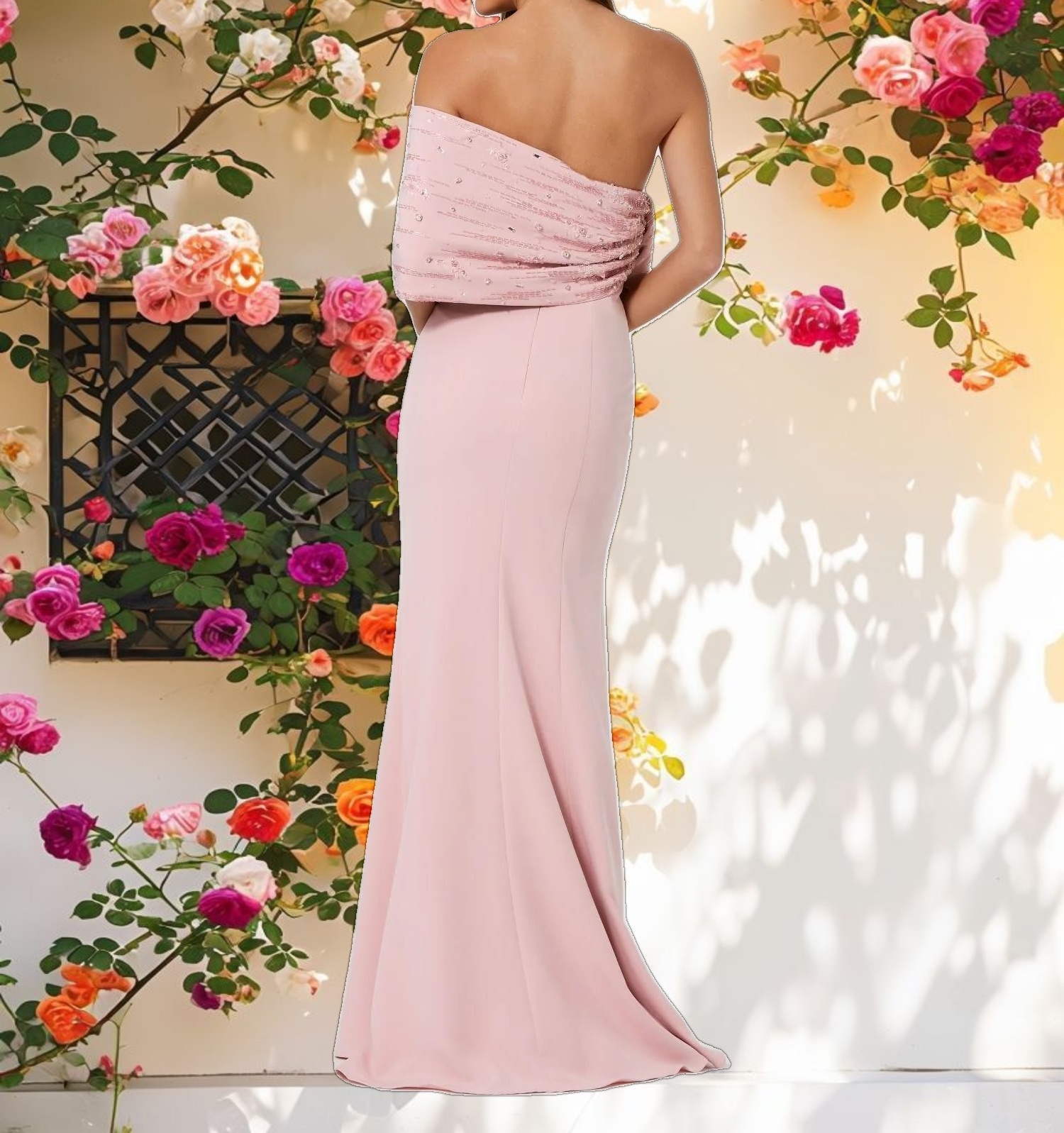 Pink Beaded Off The Shoulder Bow Satin Mermaid Gown