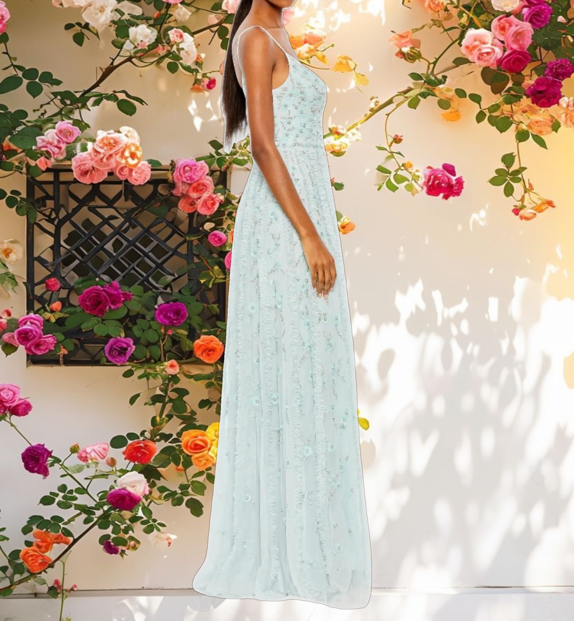 Blue Decorated Ruffled Strapless A-Line Dress