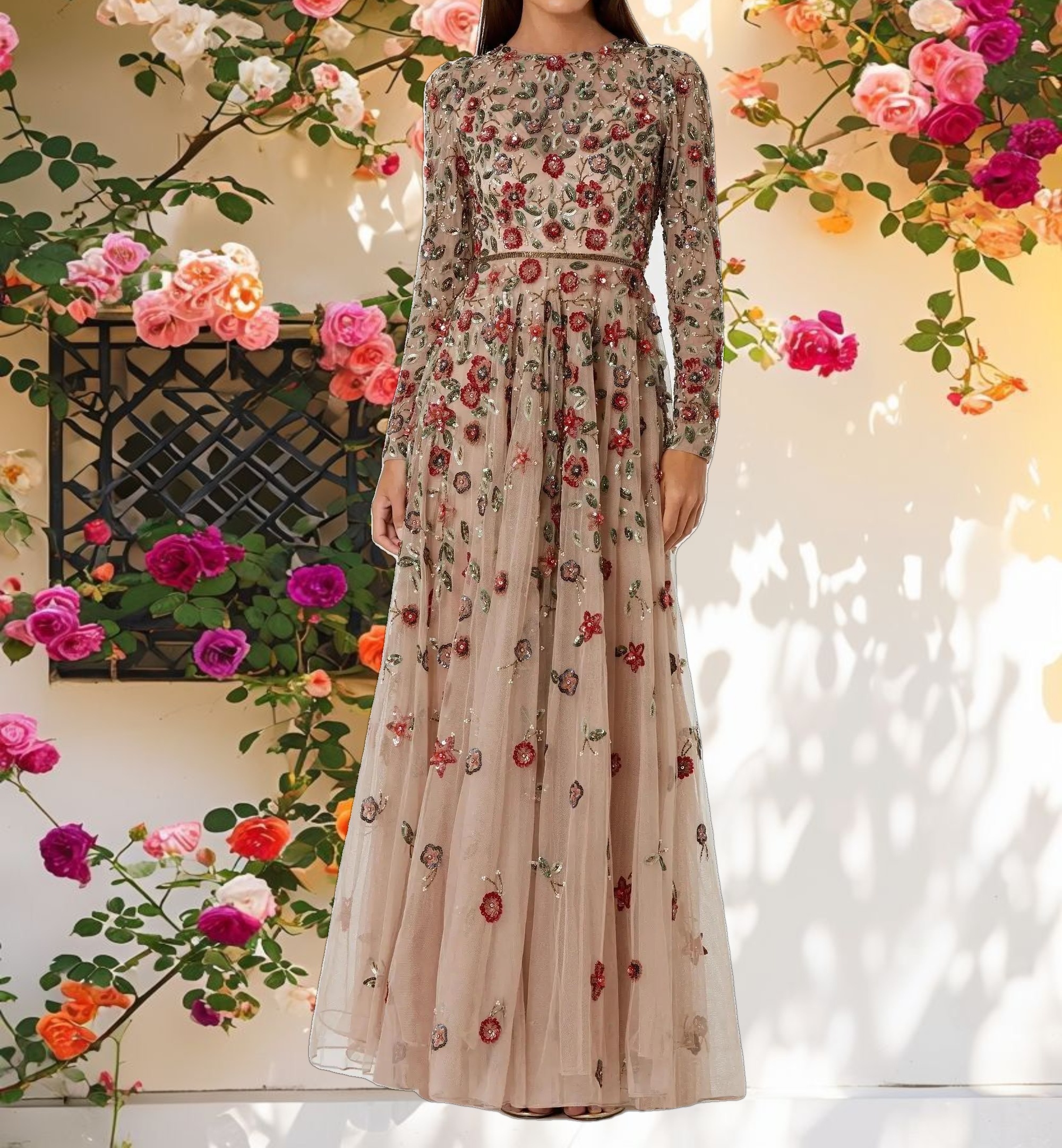 Embellished High Neck Long Sleeve A Line Gown