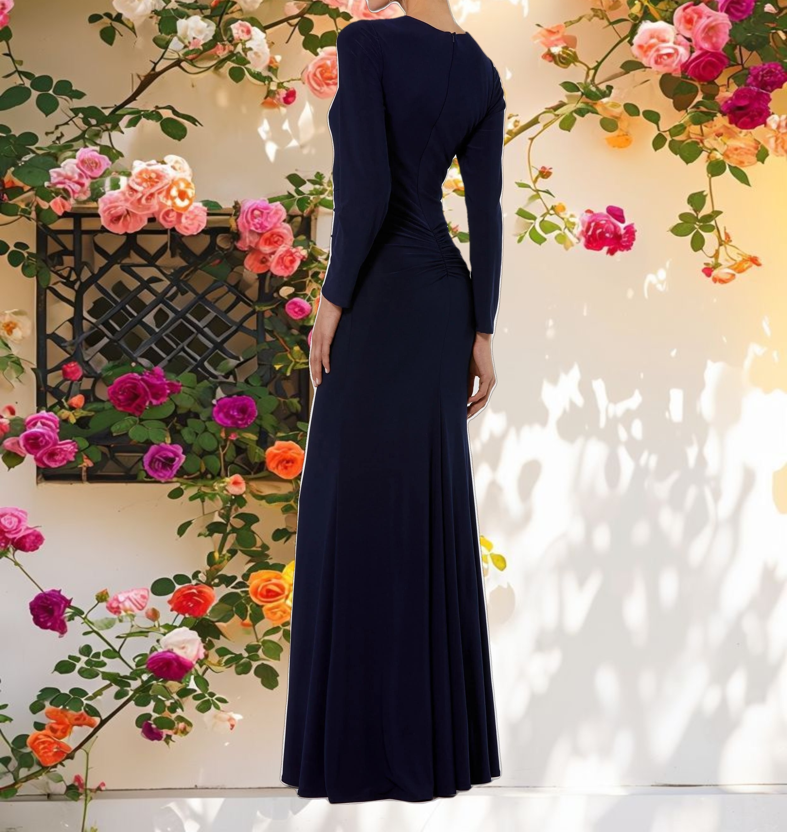 Long Sleeve Fitted Jersey Gown With Ruched Waist