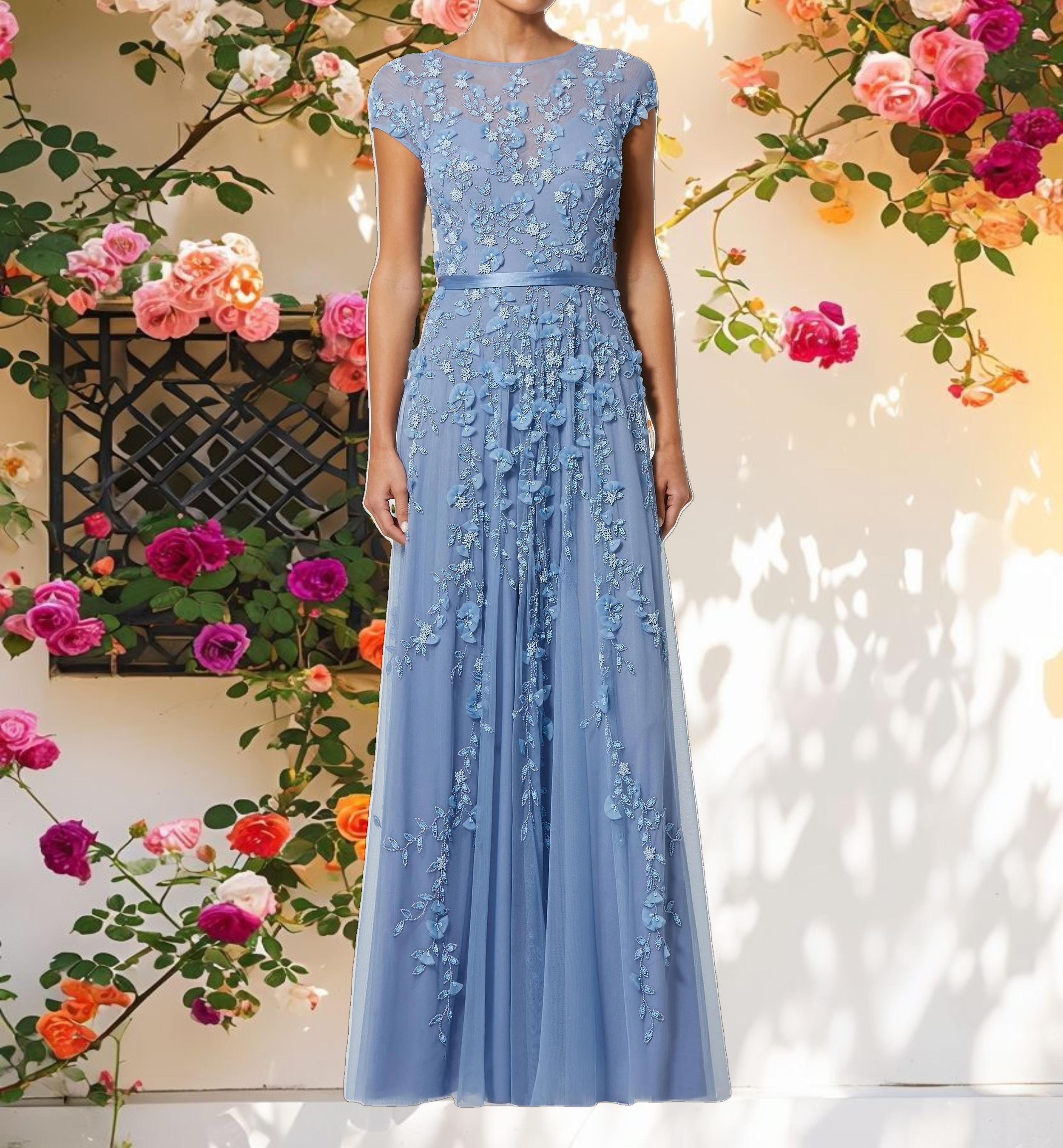 Blue Floral Embellished Short Sleeve Mesh Gown