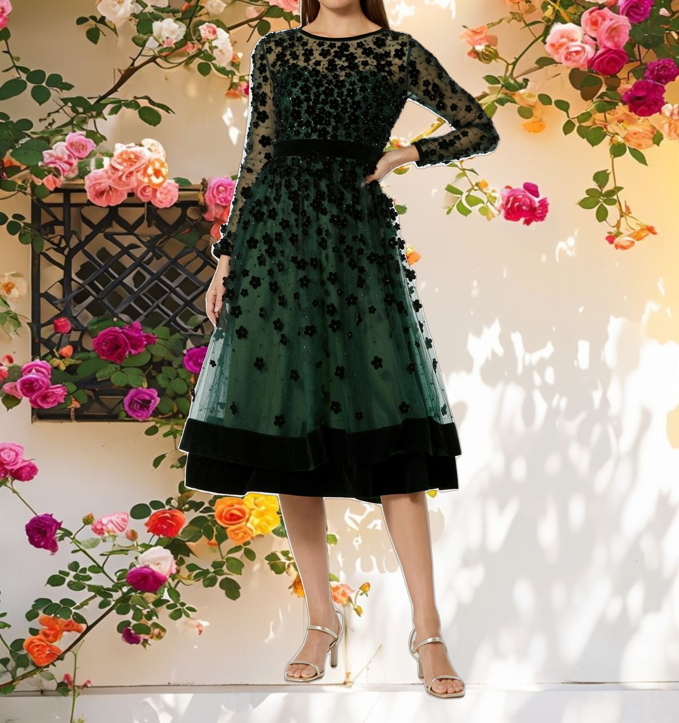 Embellished Illusion High Neck Long Sleeve Fit & Flare Dress