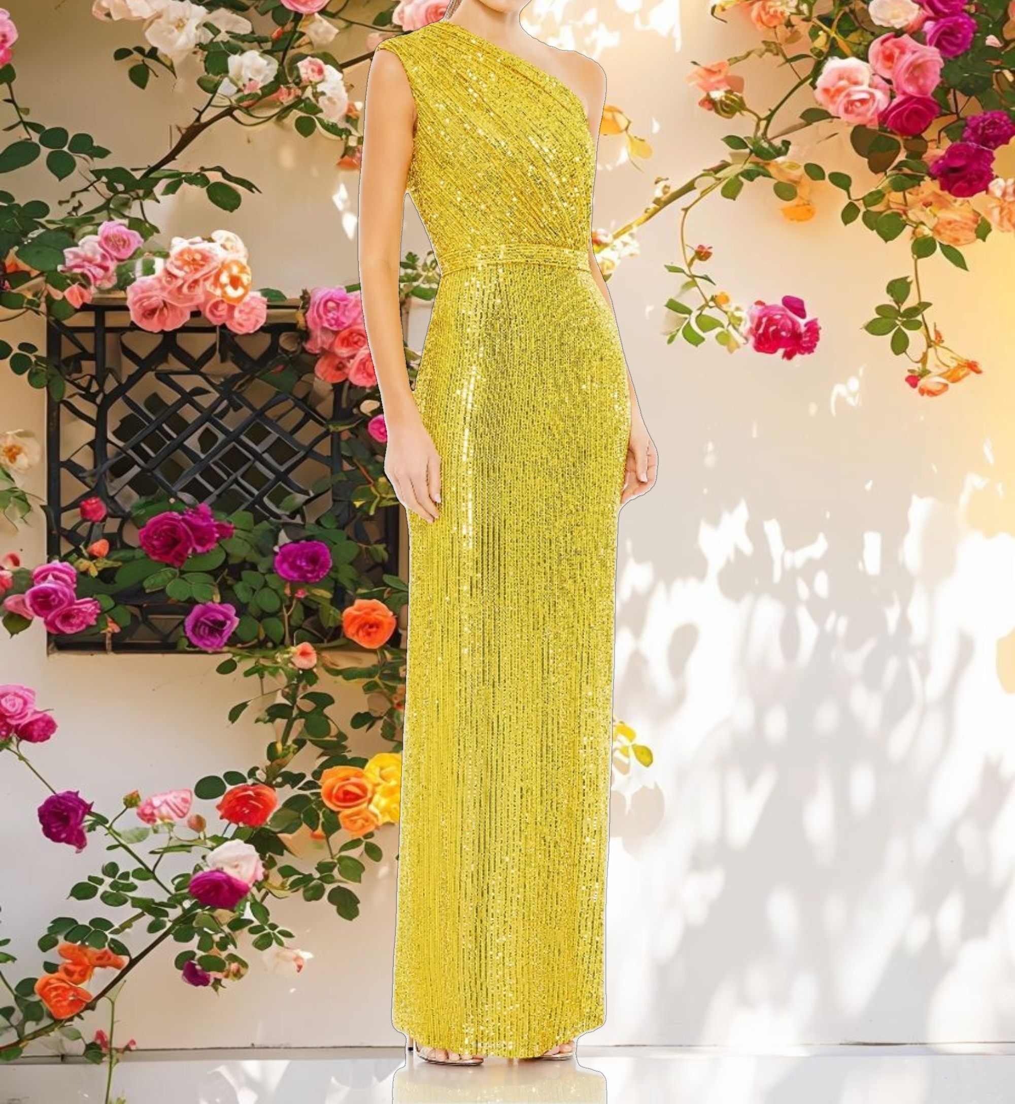 Yellow Sequined Ruched One Shoulder Gown