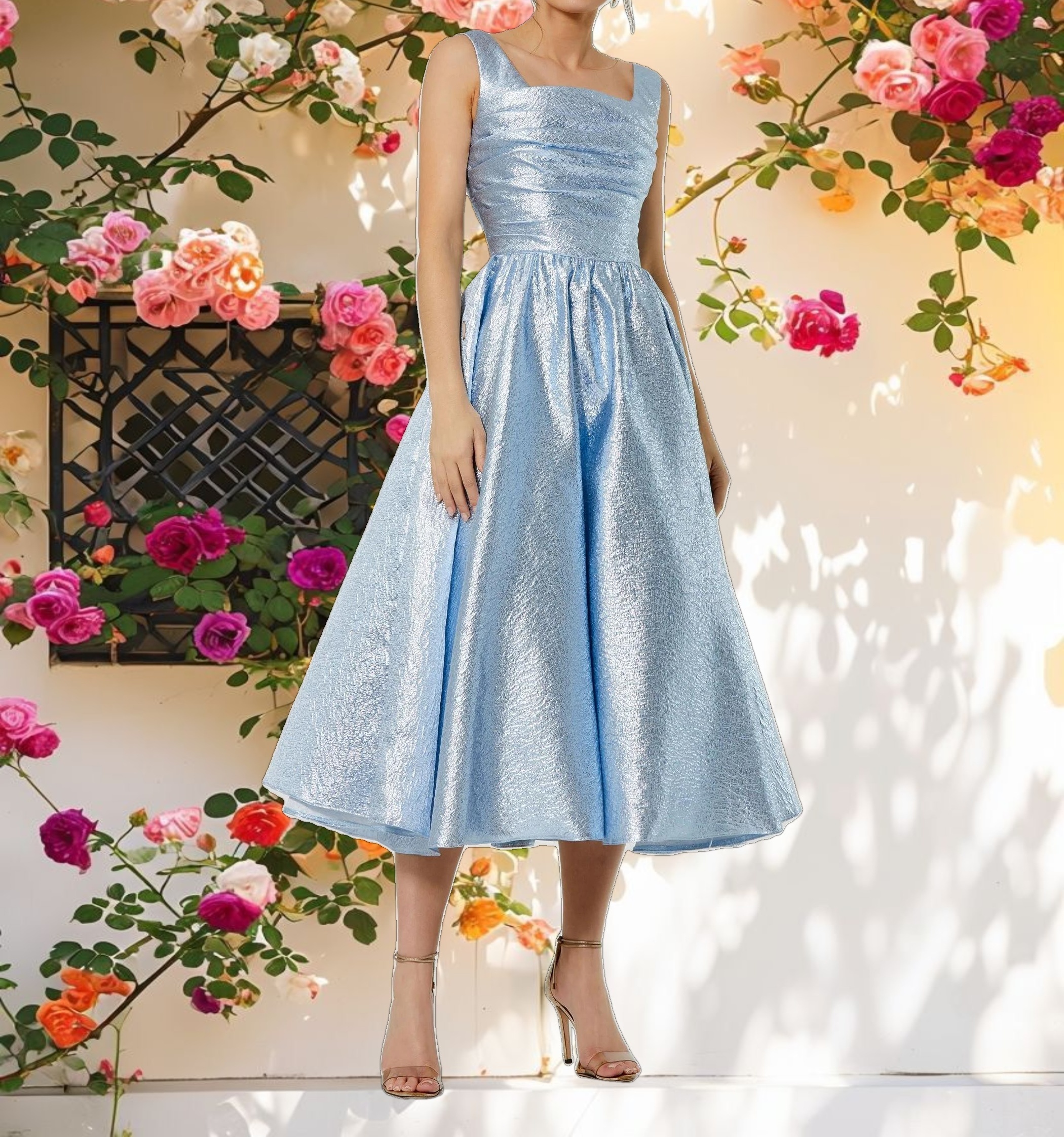 Square Neck Sleeveless A Line Midi Dress