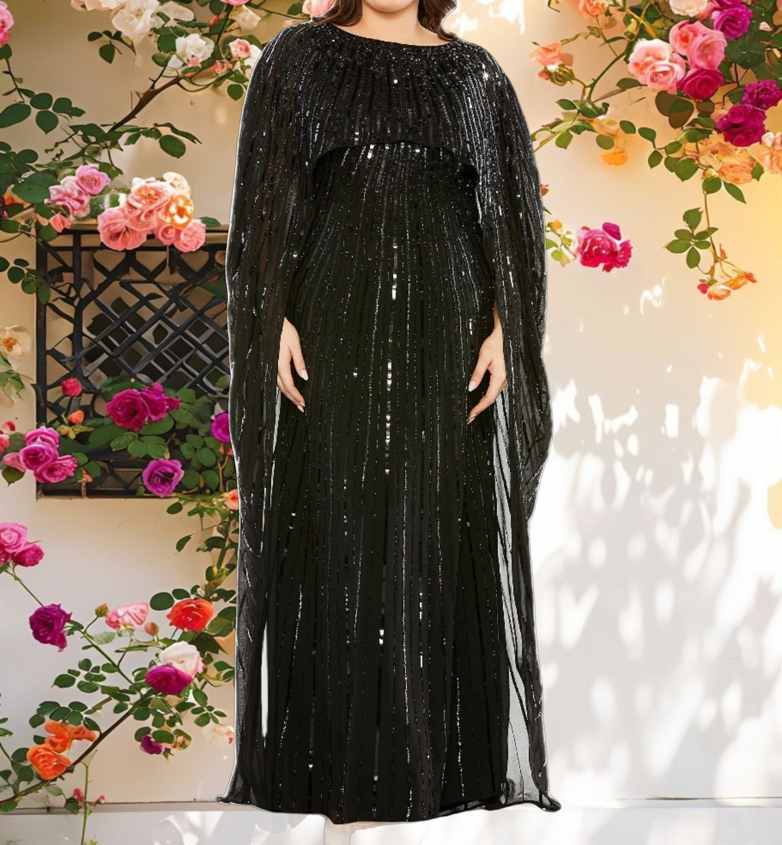 Black Embellished Column Cape Gown